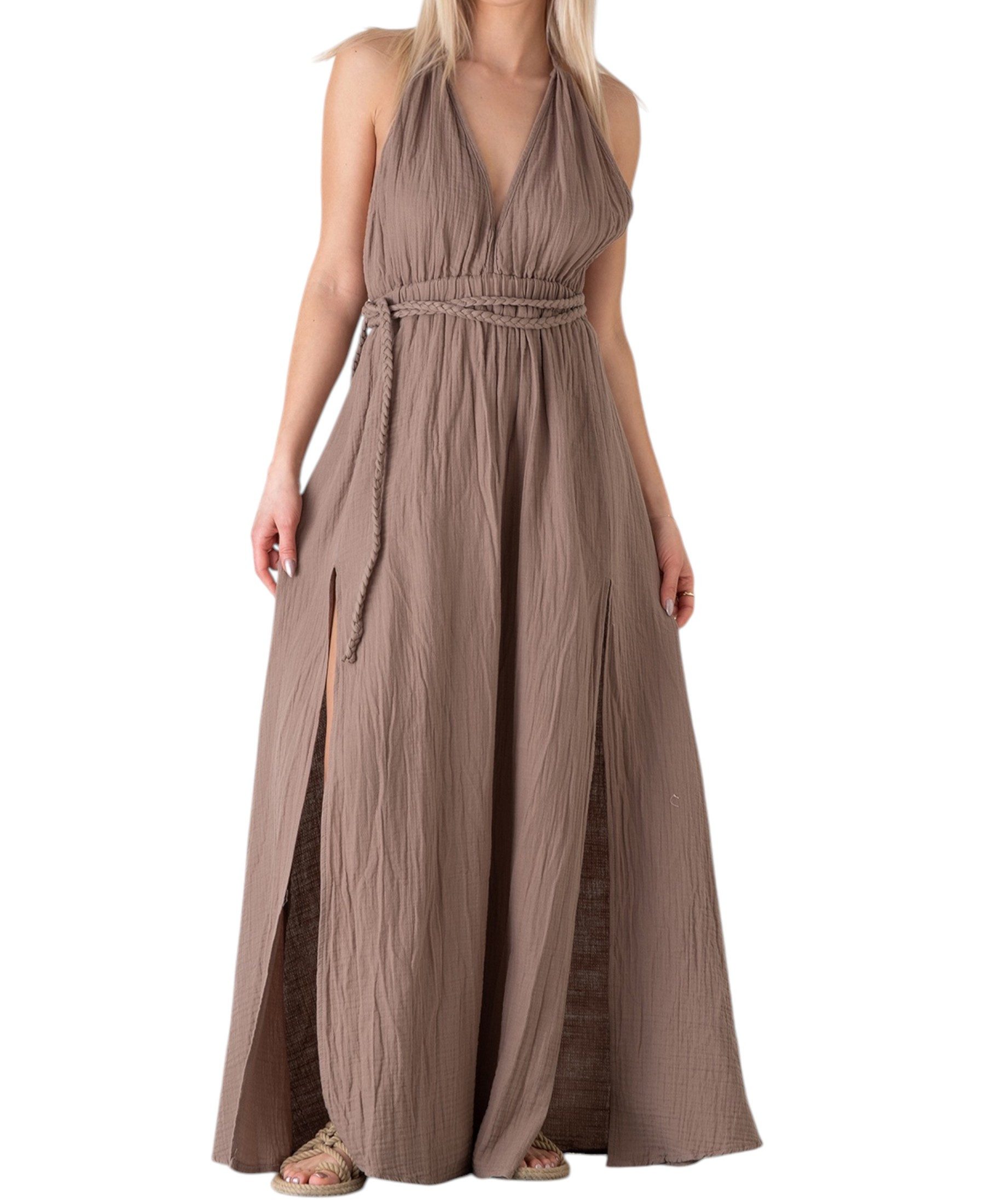 WENOR Sommerkleid mit V-Ausschnitt Bindegürtel & Rückenträger 100% Baumwolle Musselin (1-tlg) rückenfrei mit geflochtenen Trägern, luftiger Boho-Look