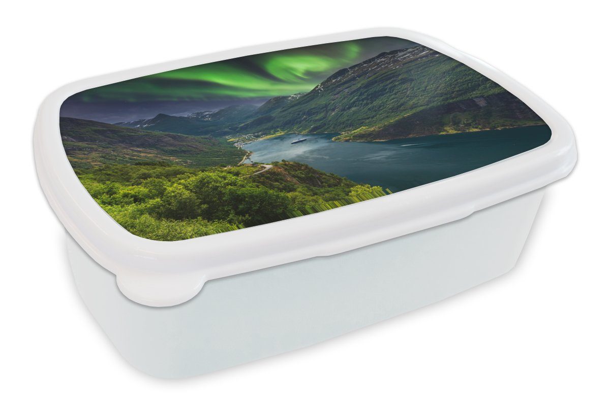 MuchoWow Lunchbox Nordlichter - Berg - Boot - Norwegen, Kunststoff, (2-tlg), Brotbox für Kinder und Erwachsene, Brotdose, für Jungs und Mädchen weiß