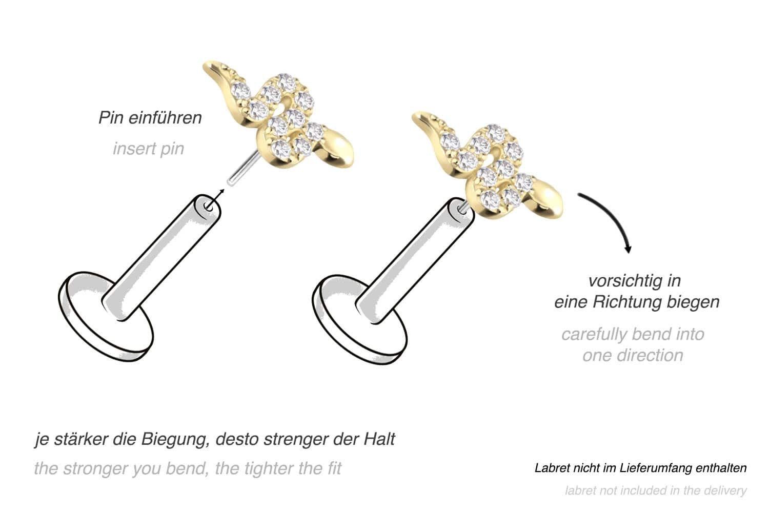 PIERCINGLINE Piercing-Set 14 Karat Gold Aufsatz mit Titan Push Pin MOISSANIT-SCHLANGE (Push Pins, 1-tlg)
