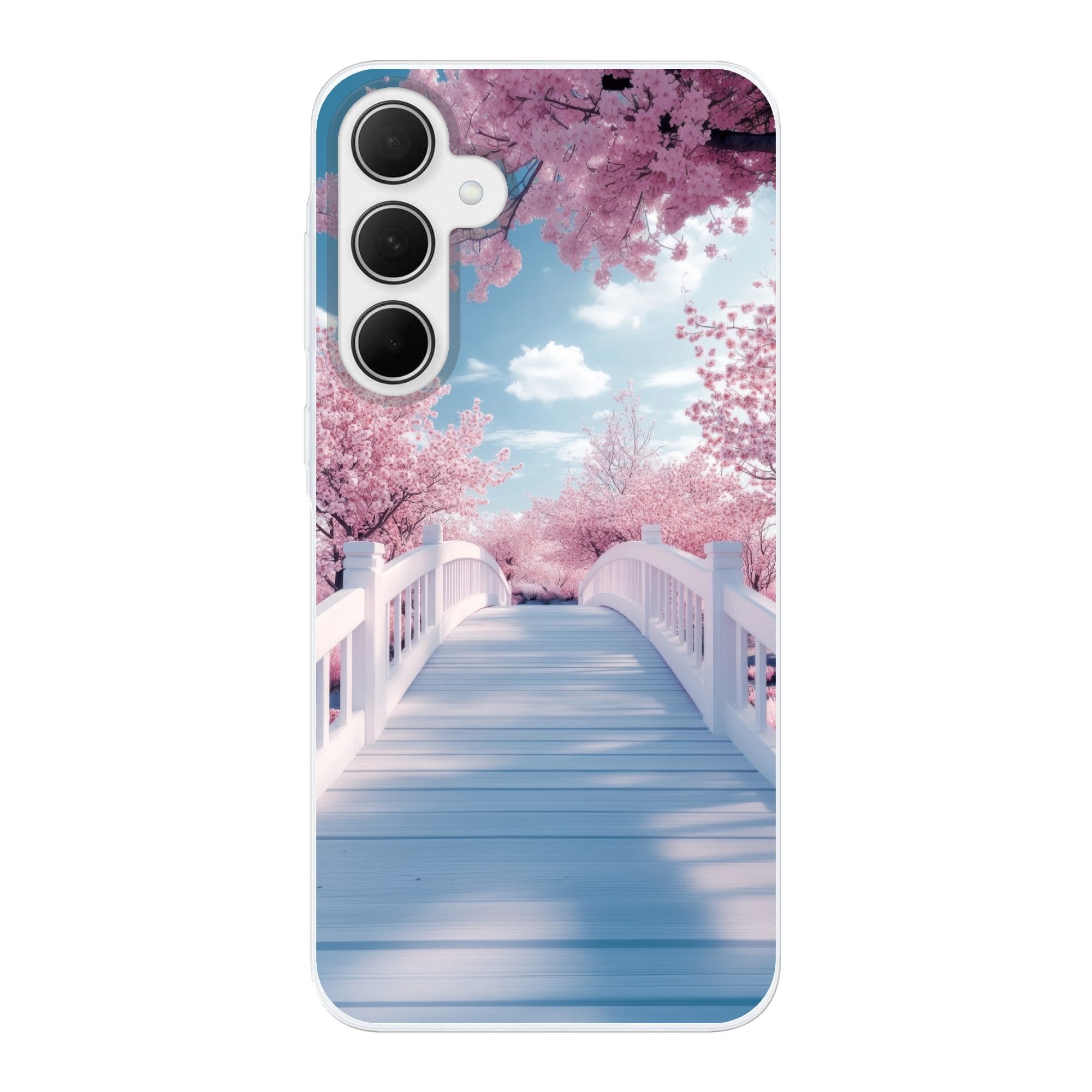 MuchoWow Handyhülle für Samsung Galaxy A35 5G Brücke - Kirschbäume - Weiß, Smartphone-Bumper, Print, Handy Schutzhülle Dünn