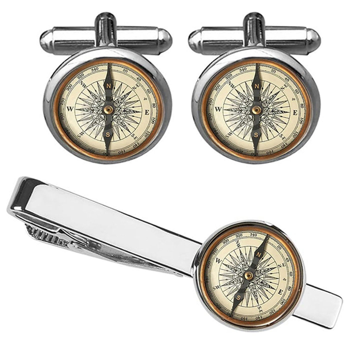 KARMA Запонки Set und Krawattennadel Set Herren Silber Kompass Design (Vintage Look mit runder Kompassoptik Legierung, Geschenkidee für Männer), Anzug Zubehör Hochzeit Business