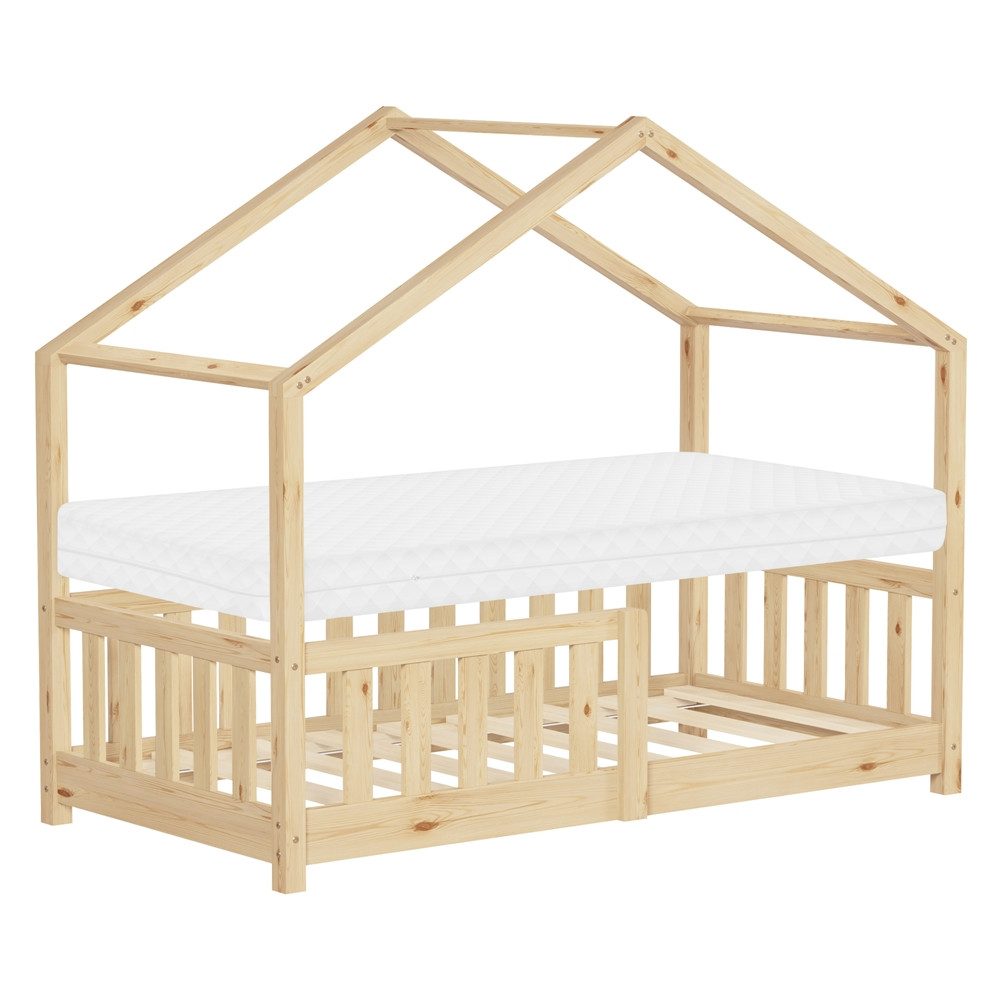 ML-DESIGN Spielbett Hausbett Kinderbett inkl. Lattenrost & Rausfallschutz Kinder Bodenbett, Abenteuerbett 70x140cm mit Matratze Himmelbett Kiefer Jugendbett Natur