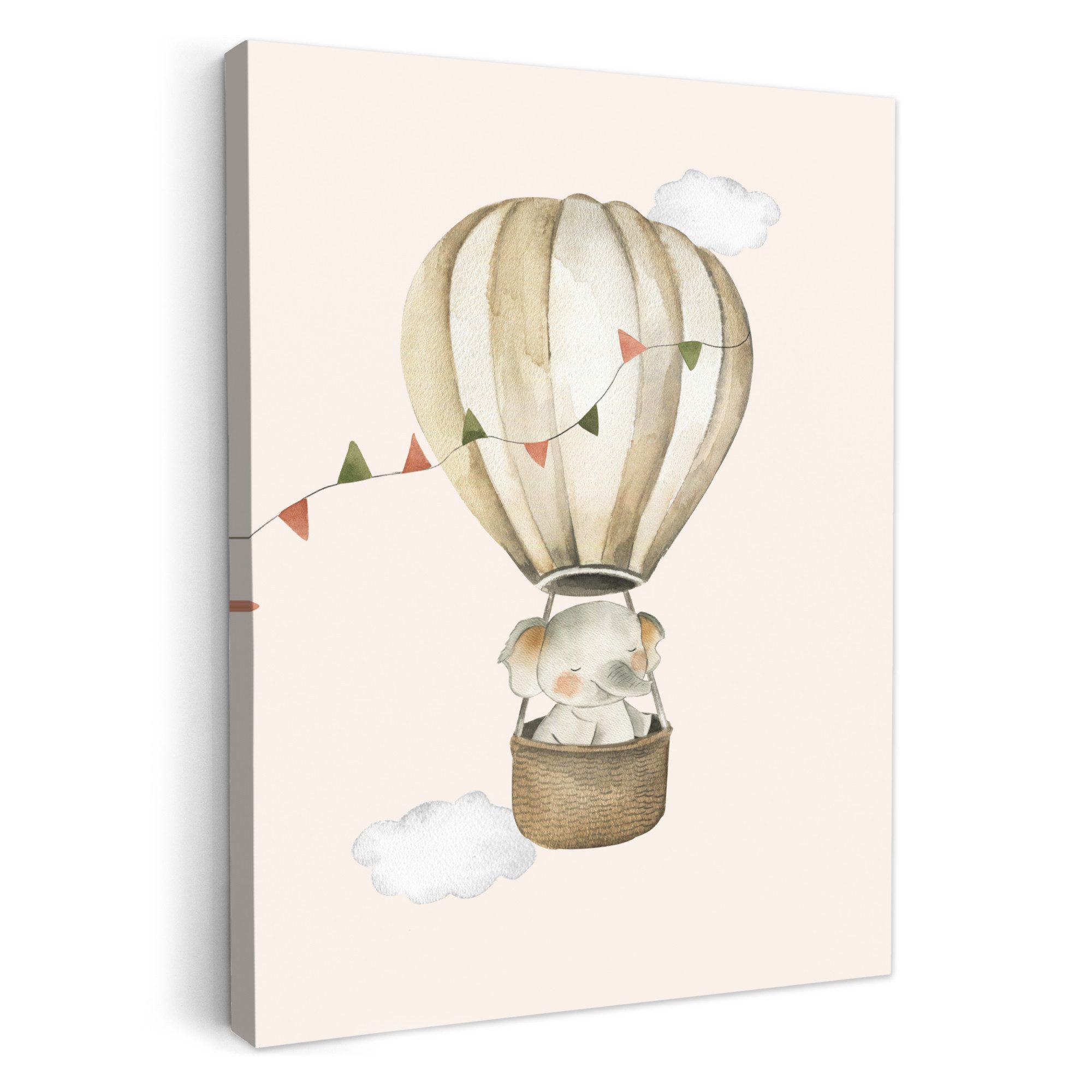 OneMillionCanvasses® Leinwandbild Heißluftballon - Elefant - Aquarell - Beige - Tiere, Fotodruck (1 St), Babyzimmer Deko, Bilder für Mädchen und Jungen 30x40 cm