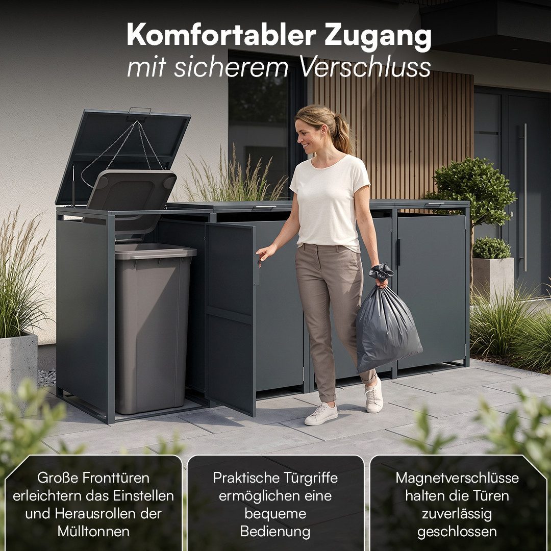 STEELSØN Mülltonnenbox Thoria 240L aus verzinktem Stahl (Anthrazit, verfügbar mit 1, 2, 3, 4, oder 5 Türen), Für 4 Tonnen