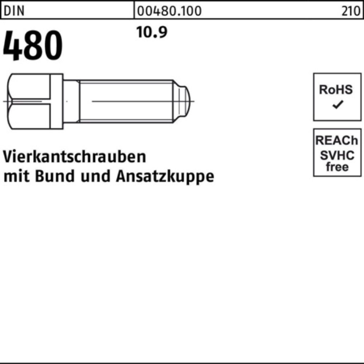 10 10.9 Pack S Schraube Reyher 100er 80 480 Bund/Ansatzkuppe M16x Vierkantschraube DIN