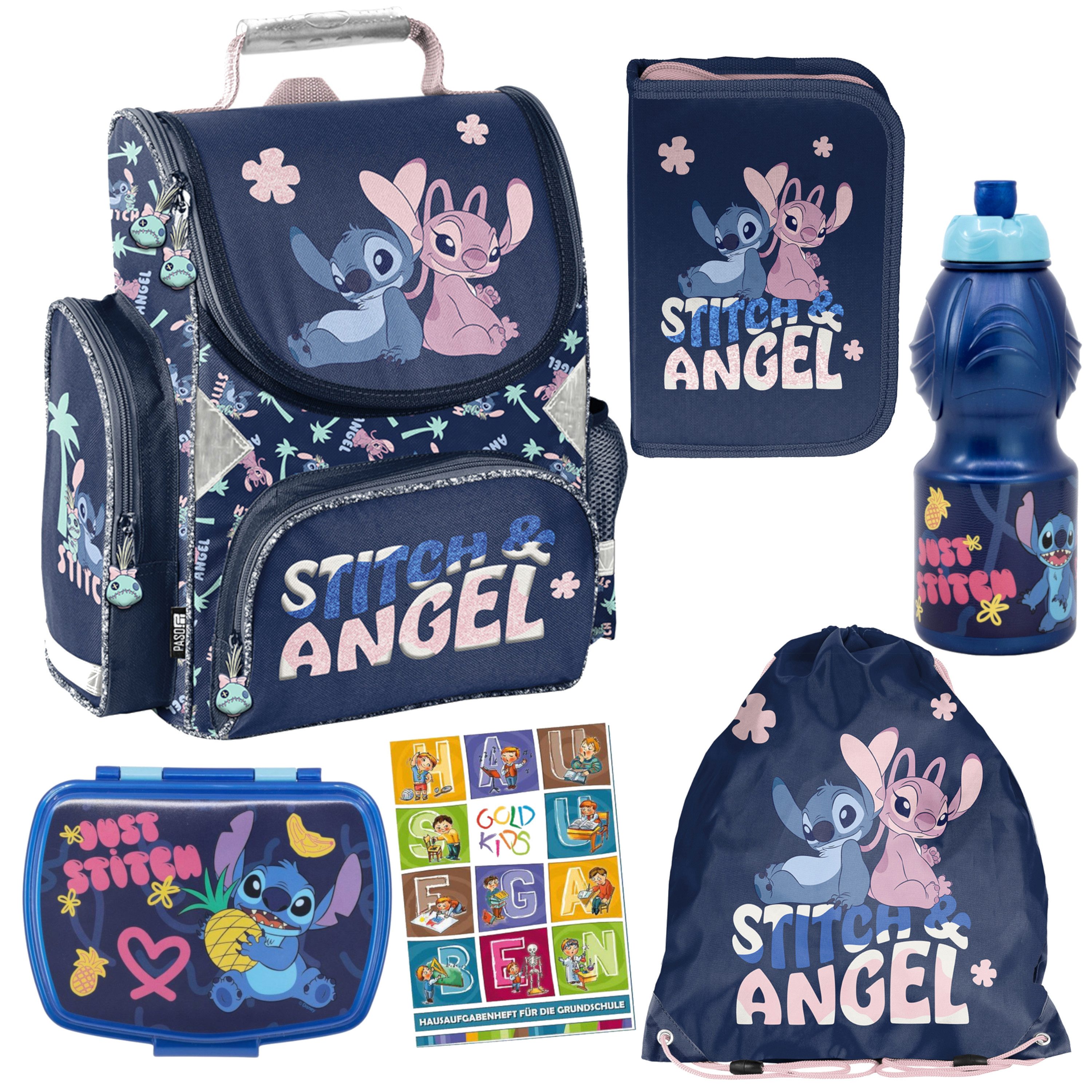 GOLDKIDS Schulranzen für Jungen und Mädchen, 6er-Set - (Schul-Rucksack für Kinder mit Federmäppchen, 1-tlg., - Schuhbeutel Brotdose und Trinkflasche), - Stitch Motiv - 1-3 Klasse