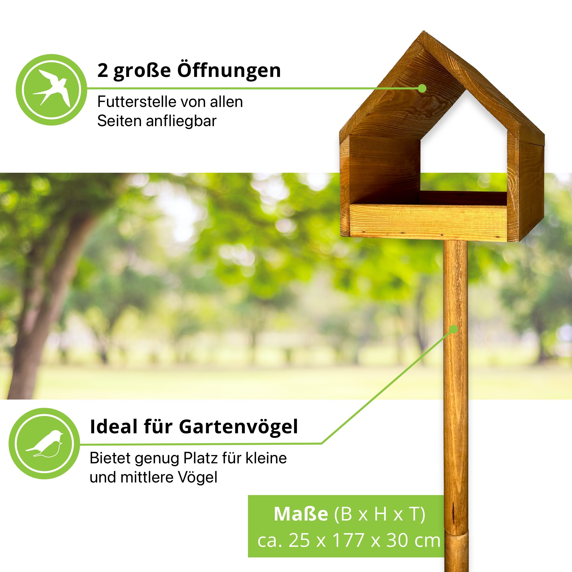 gartenetage Vogelhaus Vogelfutterhaus aus Massivholz mit Erdspieß – Wetterfestes Vogelhaus, ür Wildvögel, stabiles Futterhaus für Garten, Rasen & Terrasse