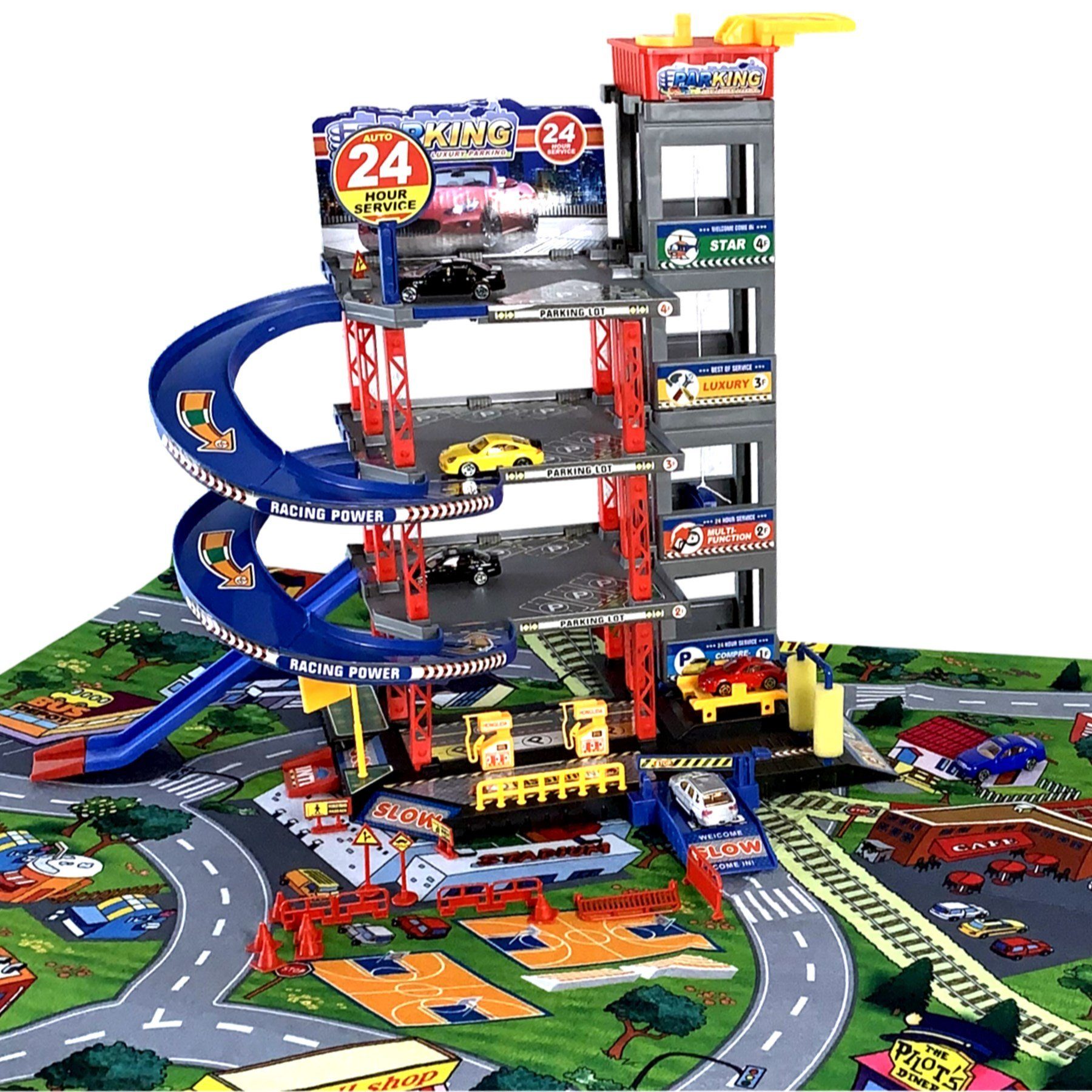 TikTakToo Spiel-Parkhaus Parkgarage Spielset mit Autos und viel Zubehör für Kinder (mit Waschstraße und Werkstatt, komplettes Spiel-SET), Incl. Spielteppich /Spielstraße, mit Tankstelle, Fahrstuhl