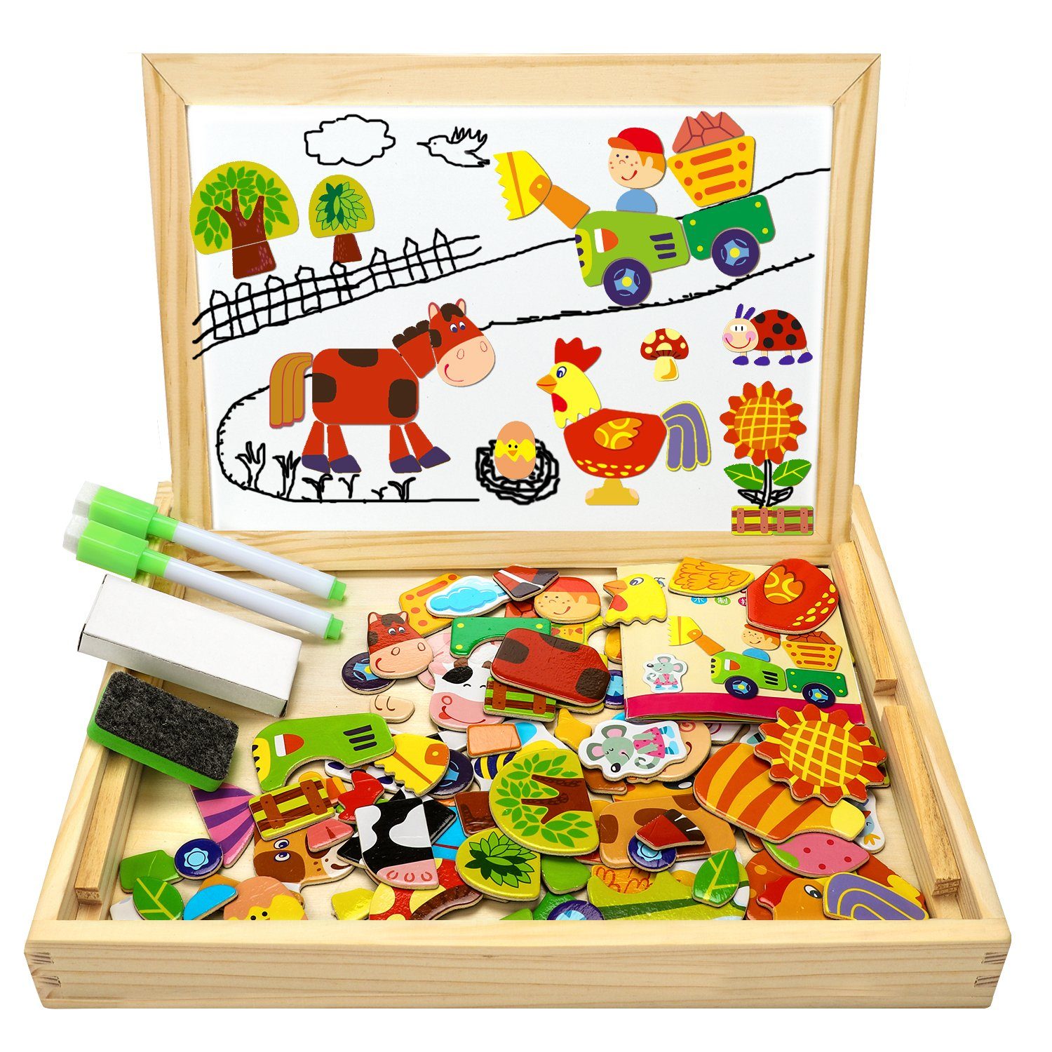 POPOLIC Puzzle Magnetisches Holzpuzzle Doppelseitiger Tafel Lernspiel 100 Teile, 100 Puzzleteile, Sichere und ökologische Materialien