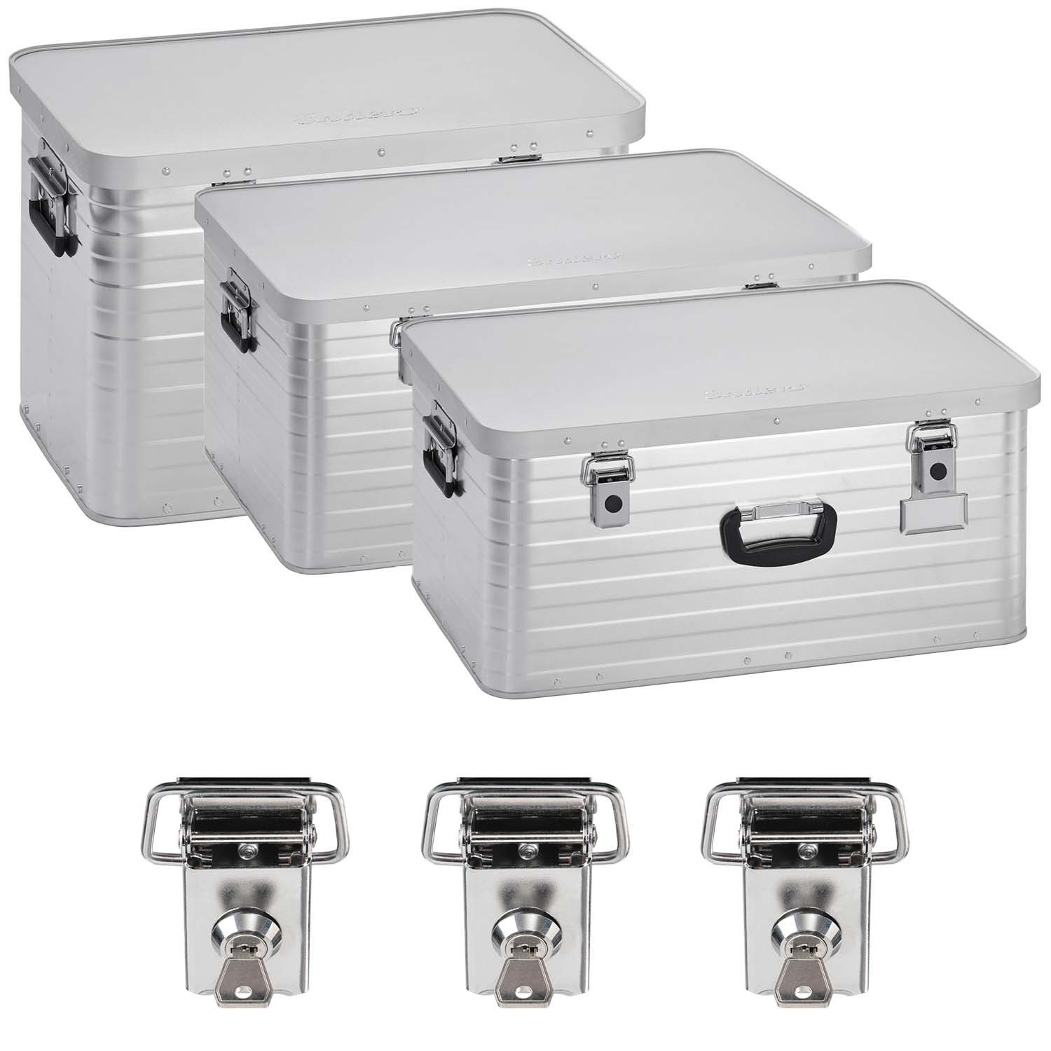 Enders® Aufbewahrungsbox Alubox 63 L + Alubox 80 L + Alubox 130 L inkl. 2x Schloss-Set, Alukiste Transportbox Lagerbox Alukoffer Metallkiste Alubox