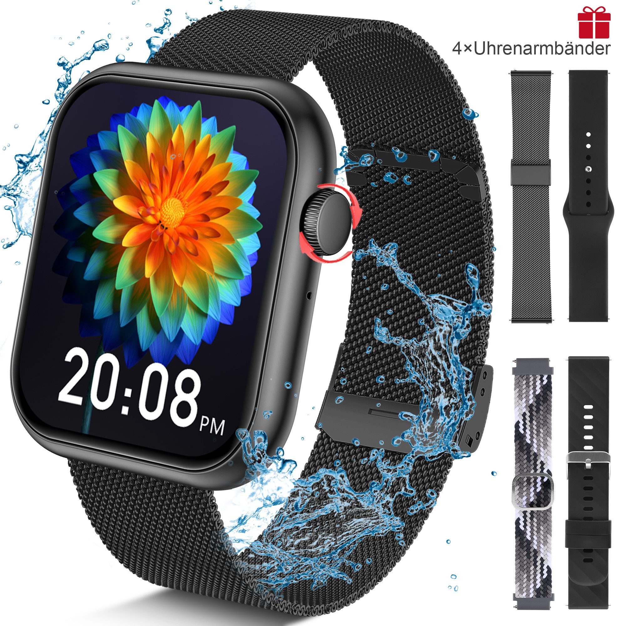 BRAIDOL Smartwatch,Fitness Tracker uhr für Damen Herren mit Telefonfunktion Smartwatch (5 cm/1,96" HD Voll Touchscreen Zoll), 4 Austauschbare Armbänder