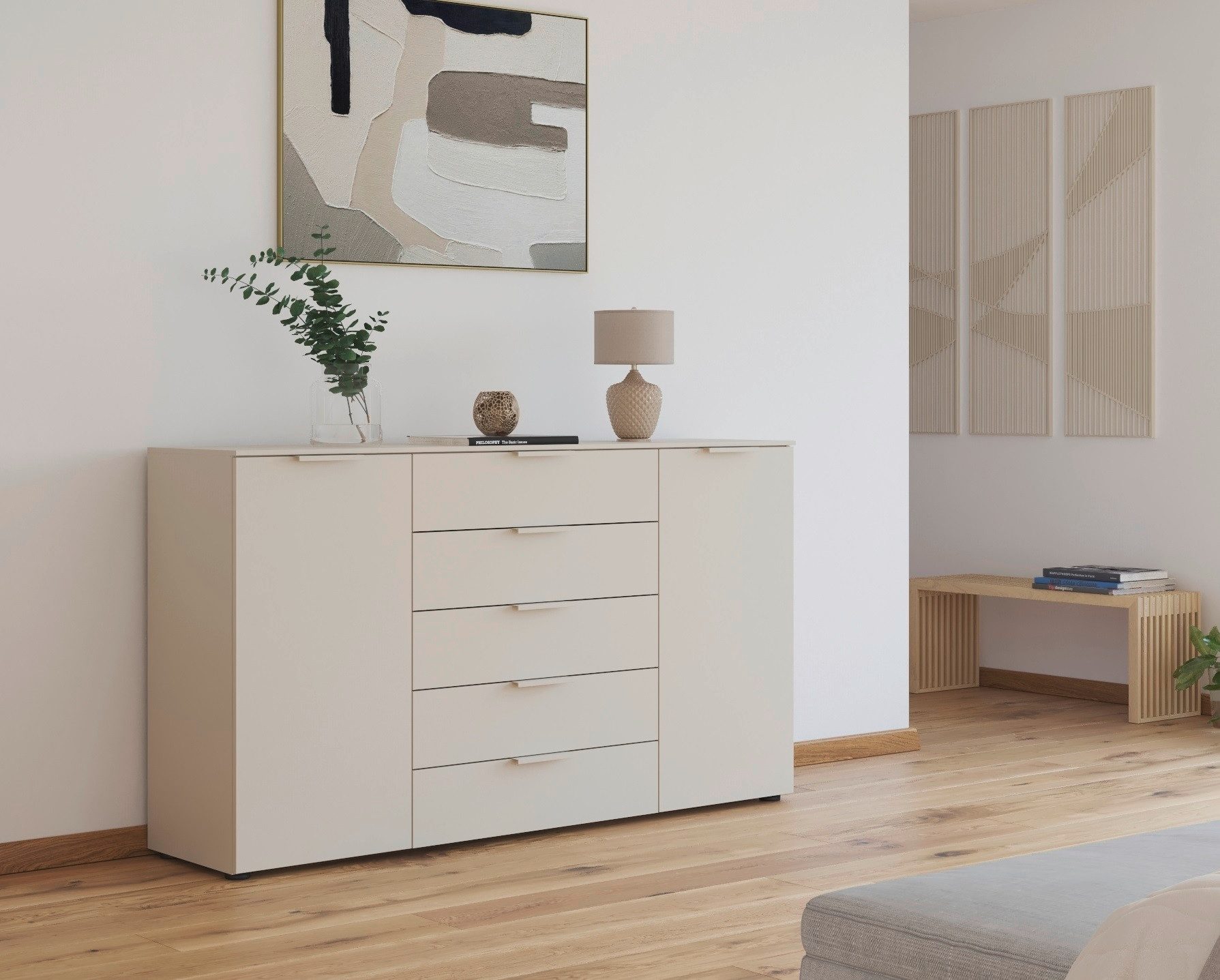 rauch Schubkastenkommode Flipp Schubladenkommode Wäscheschrank Schrank (Breite 160/180 cm mit 4 Einlegeböden), 2-türig mit 5 Schubladen und Soft-Close-Funktion in zwei Breiten