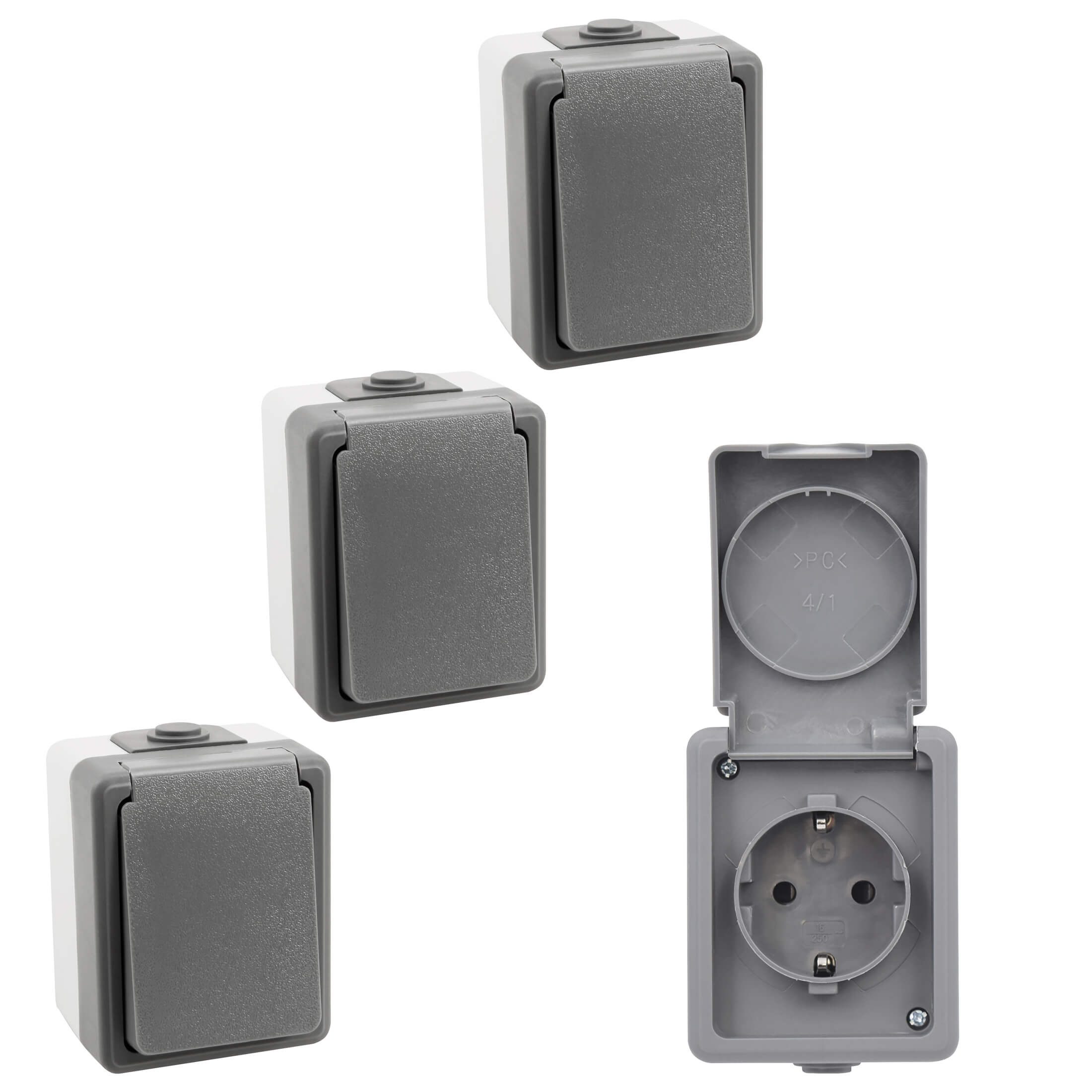 Aufputz-Steckdose 4er Set SECURE Feuchtraum Steckdose IP44 Einzelsteckdose Aufputz
