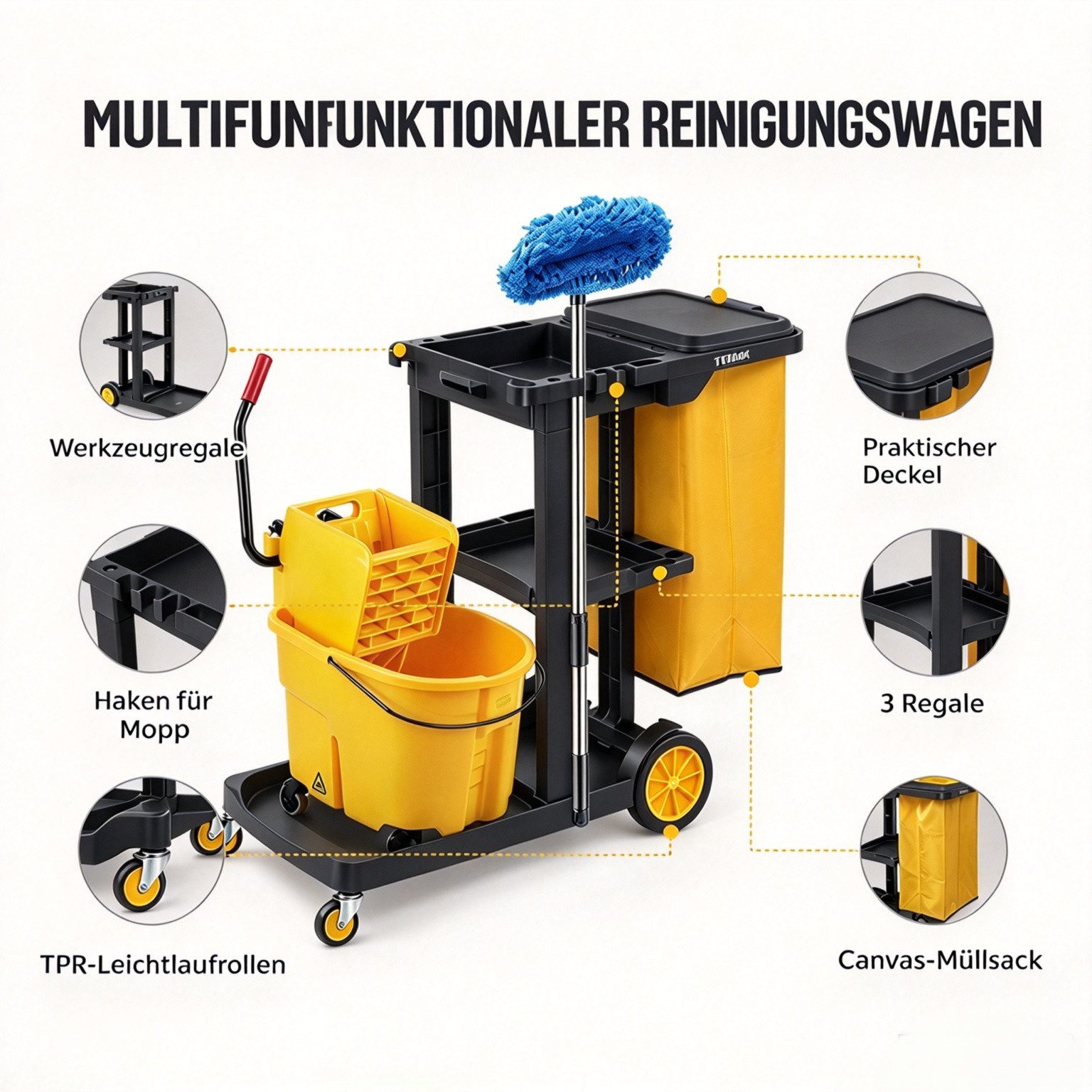 VINGLI Putzwagen Reinigungswagen Multifunktional Servierwagen für Reinigung, (mit 3 Ablage), 57L Mülltasche Abnehmbar, TPR-Rollen, Klappdeckel, Aufhängehaken – Bild 3 von 5
