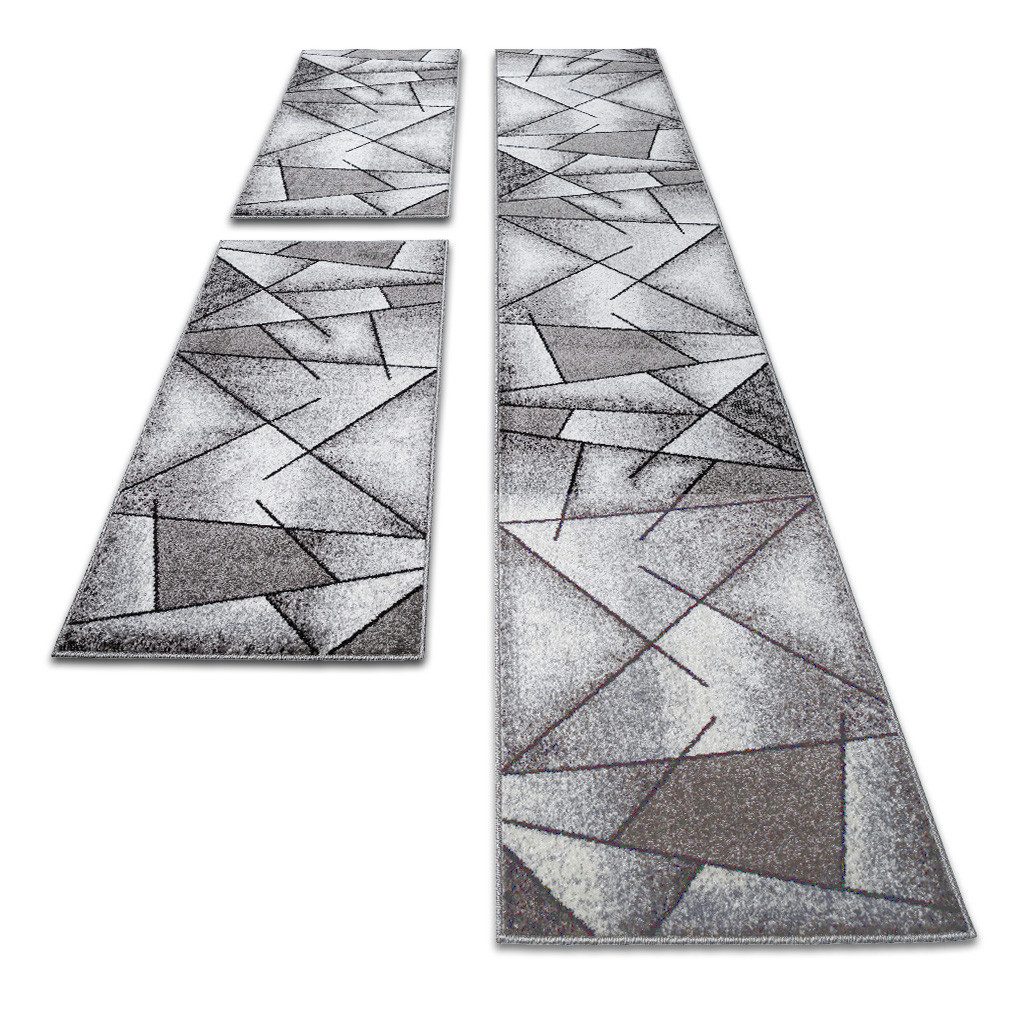 oKu-Tex Bettumrandung 3 teilig, Läufer (67 x 340 cm) + Brücken (2 x 67 x 140 cm), Kurzflor, (Set 3 teilig, 3-tlg), Teppich Schlafzimmer Bettvorleger Set schmal gewebt grau meliert