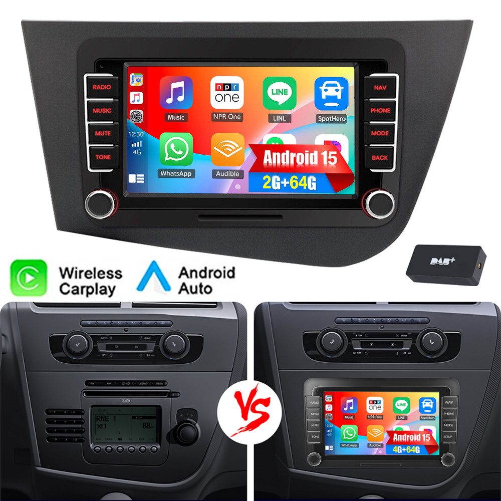 ESSGOO 7/9'' DAB+ 64G Für Seat Leon 1P1 2005-12 Android 15 Autoradio Carplay Autoradio (RDS, 4+64GB(optional), Digitalradio (DAB), FM, AM, Carplay Android Auto Bluetooth EQ USB GPS Navi WIFI Touchscreen)