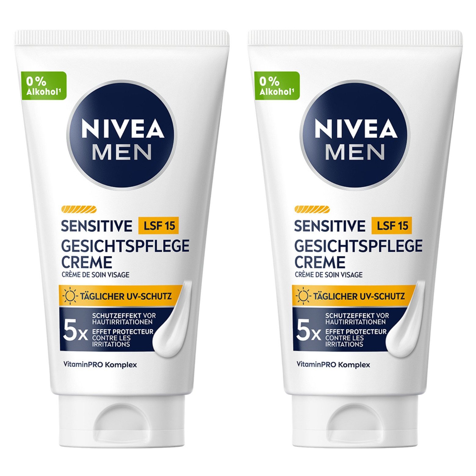 Nivea Men Gesichtspflege Sensitive Gesichtspflege Creme LSF 15 2x75ml VitaminPro-Komplex, 2-tlg., Linderung, Schutz, 24h Feuchtigkeit, gestärkte Haut