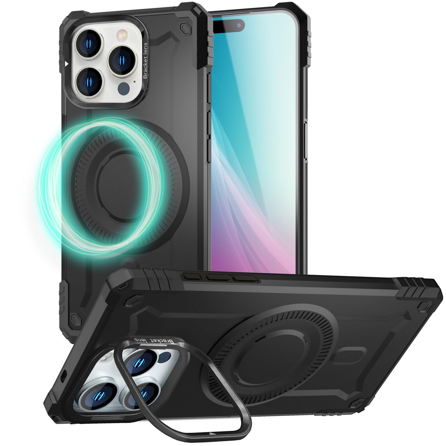 Nalia Smartphone-Hülle Apple iPhone 16 Pro 16 cm (6,3 Zoll), Granite / Militär Panzerhülle / MagSafe / Kamera Stand / Extrem Schutz