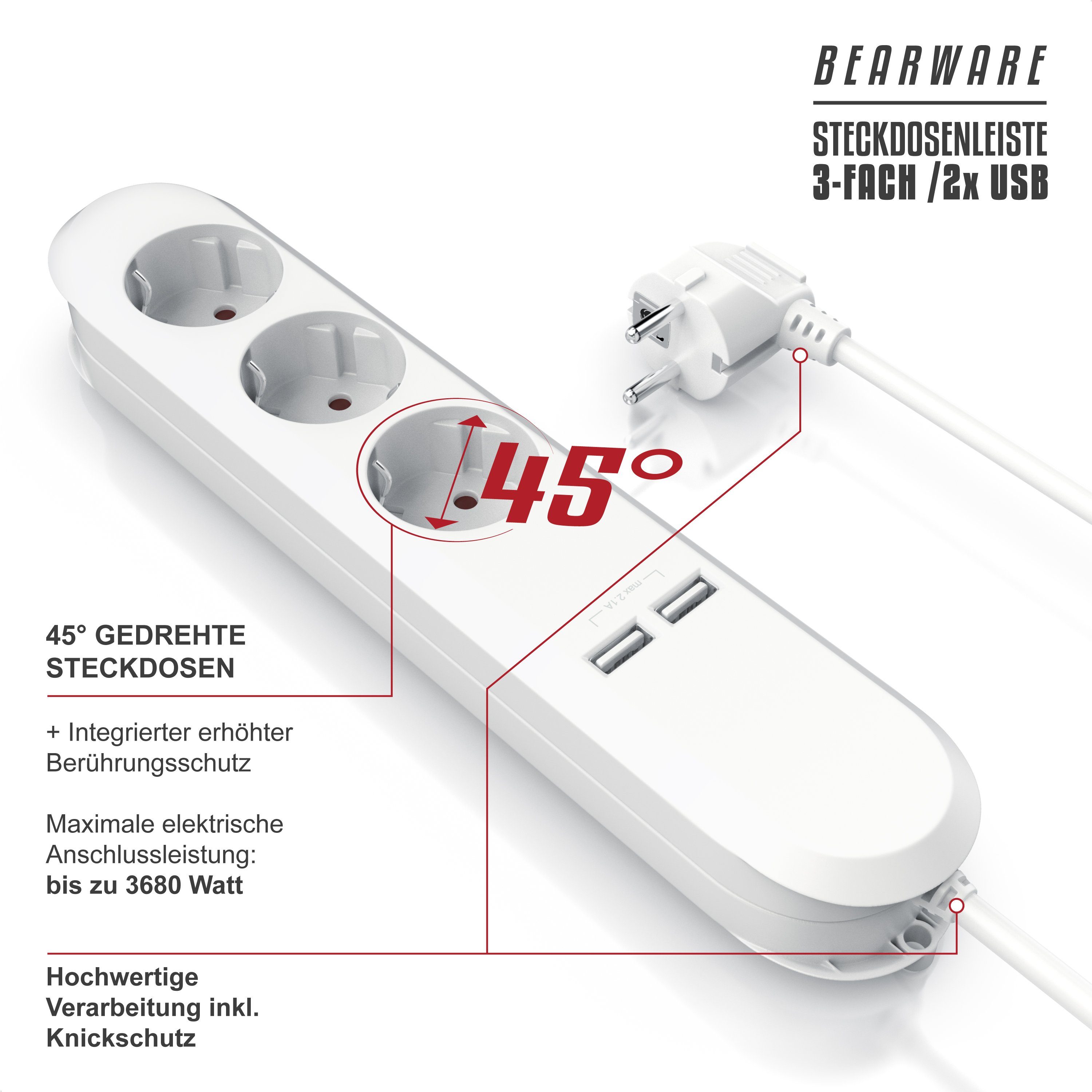 BEARWARE 3 Fach Steckerleiste mit 2X USB Ladeports, 1,5m Anschlusskabel, weiß Steckdosenleiste 3-fach (USB-Anschluss, Schutzkontaktstecker, Kindersicherung, Kab – Bild 4 von 5