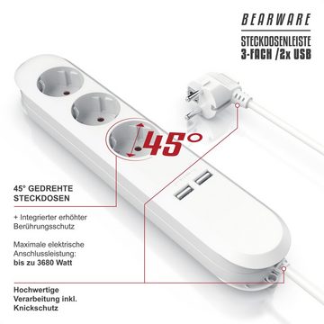 BEARWARE Steckdosenleiste 3-fach (USB-Anschlüsse, Kindersicherung, Schutzkontaktstecker, Kabellänge 1,50 m), Steckdosenleiste / max 2,1A