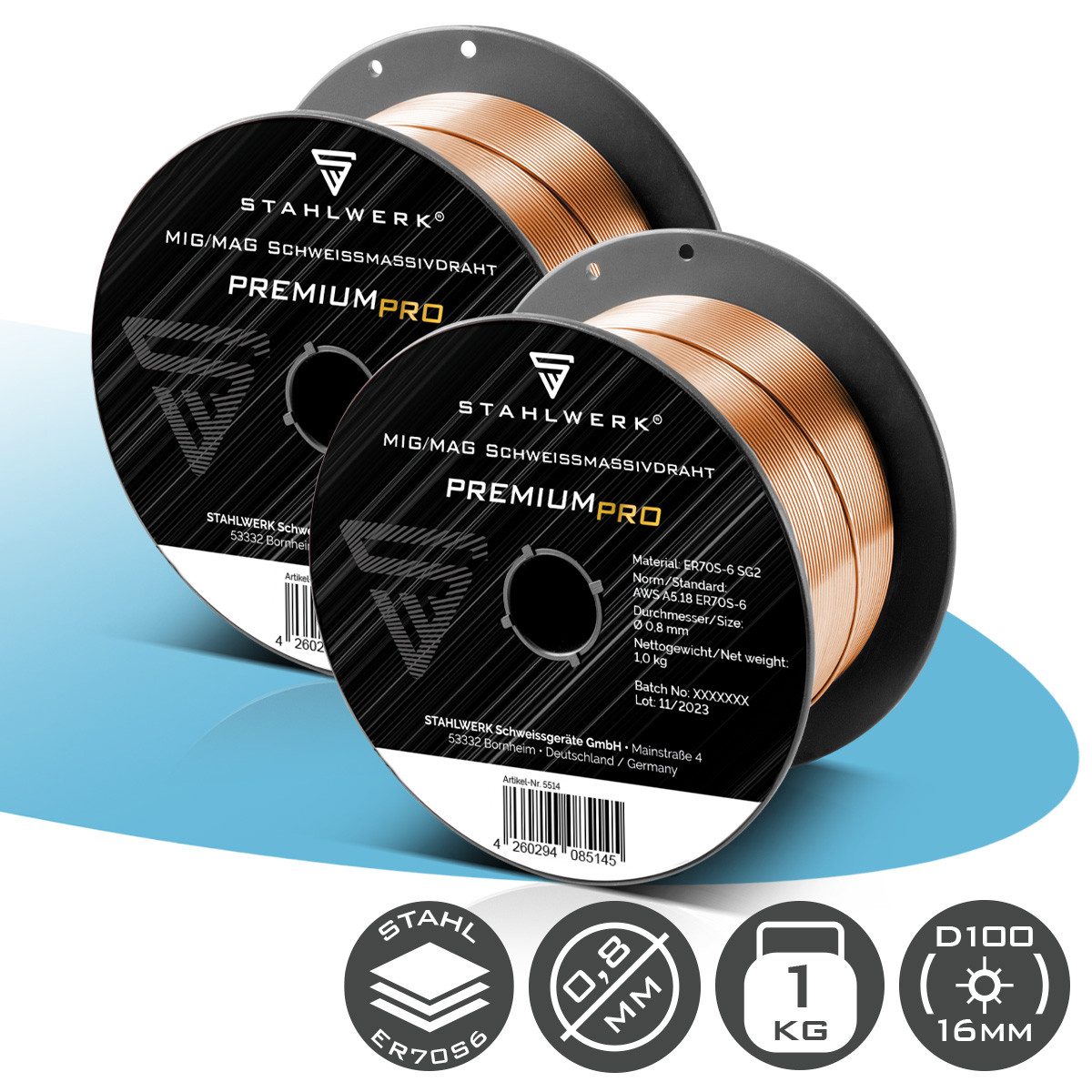 STAHLWERK Schweißdraht 2 x 0,8 mm MIG MAG ER70S-6 SG3 D100 Drahtrolle 1kg, (Packung), hohe chemische Reinheit für beste Schweißergebnisse