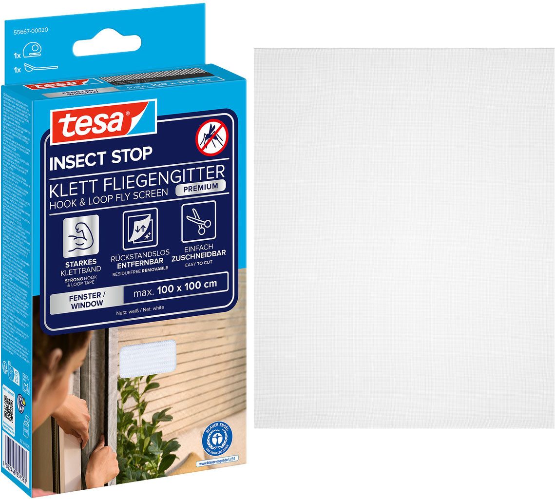 tesa Fliegengitter-Gewebe Klett Fliegengitter Premium für Fenster, Insektenschutz mit Klettband, (Packung, 1-St., Fliegennetz, Klettband, Andrück und Schneidehilfe), selbstklebende Insektenschutz - 100 cm x 100 cm