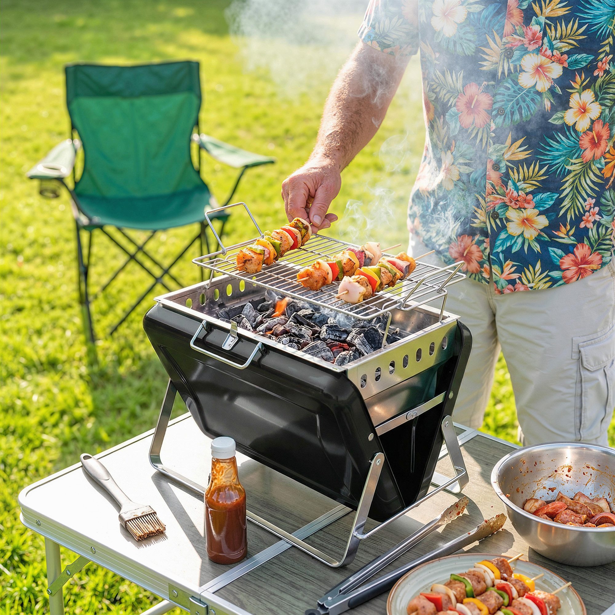 MC Star Holzkohlegrill Holzkohlegrill aus Edelstahl BBQ Smoker mit Grillrost Griff, klappbaren Beinen für Barbeque Camping 40x28x25,5cm Schwarz