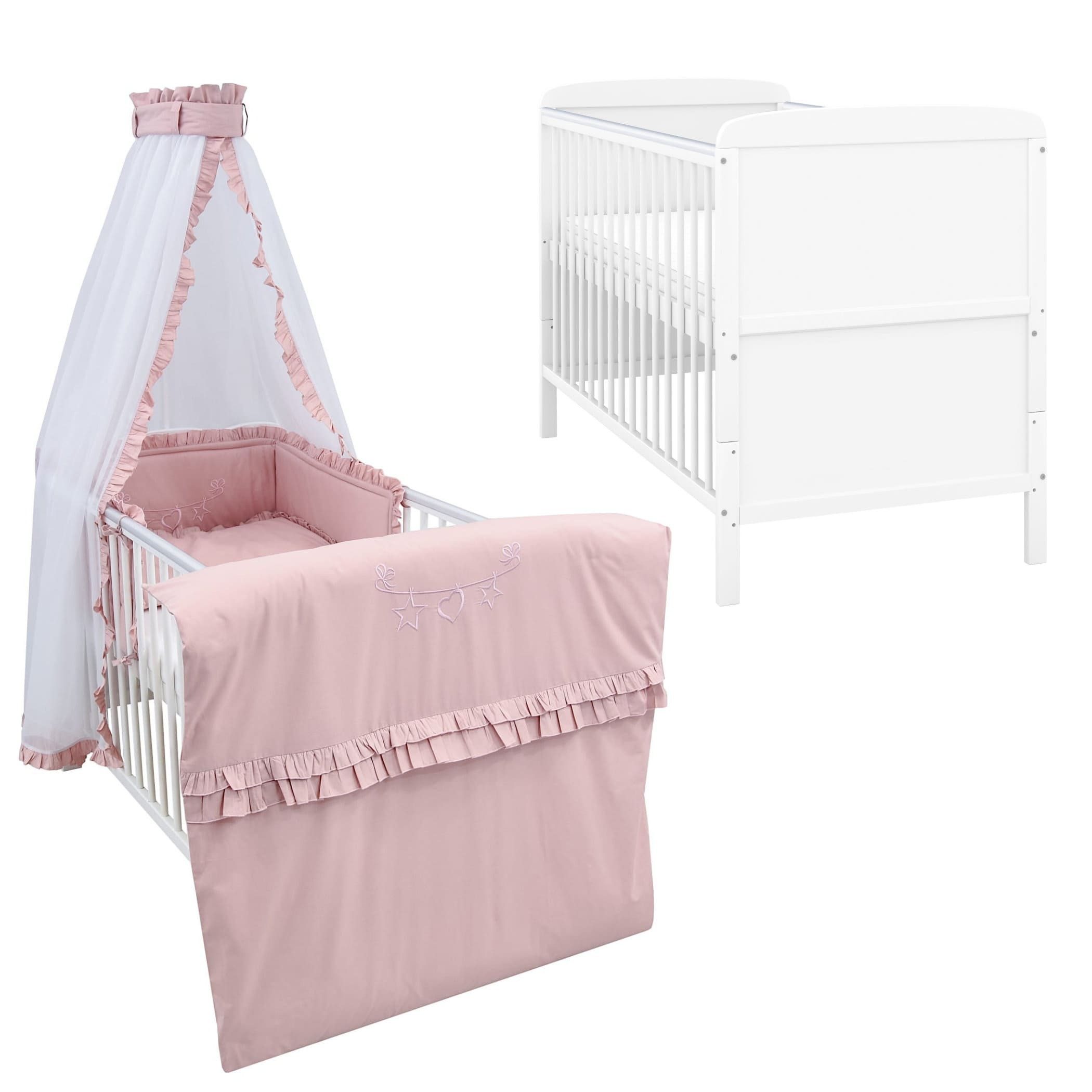 Baby-Delux Komplettbett Babybett Natalie Bettwäsche Komplettset, 10-tlg., Kinderbett 70x140 cm weiß, Bettset verschiedene Designs