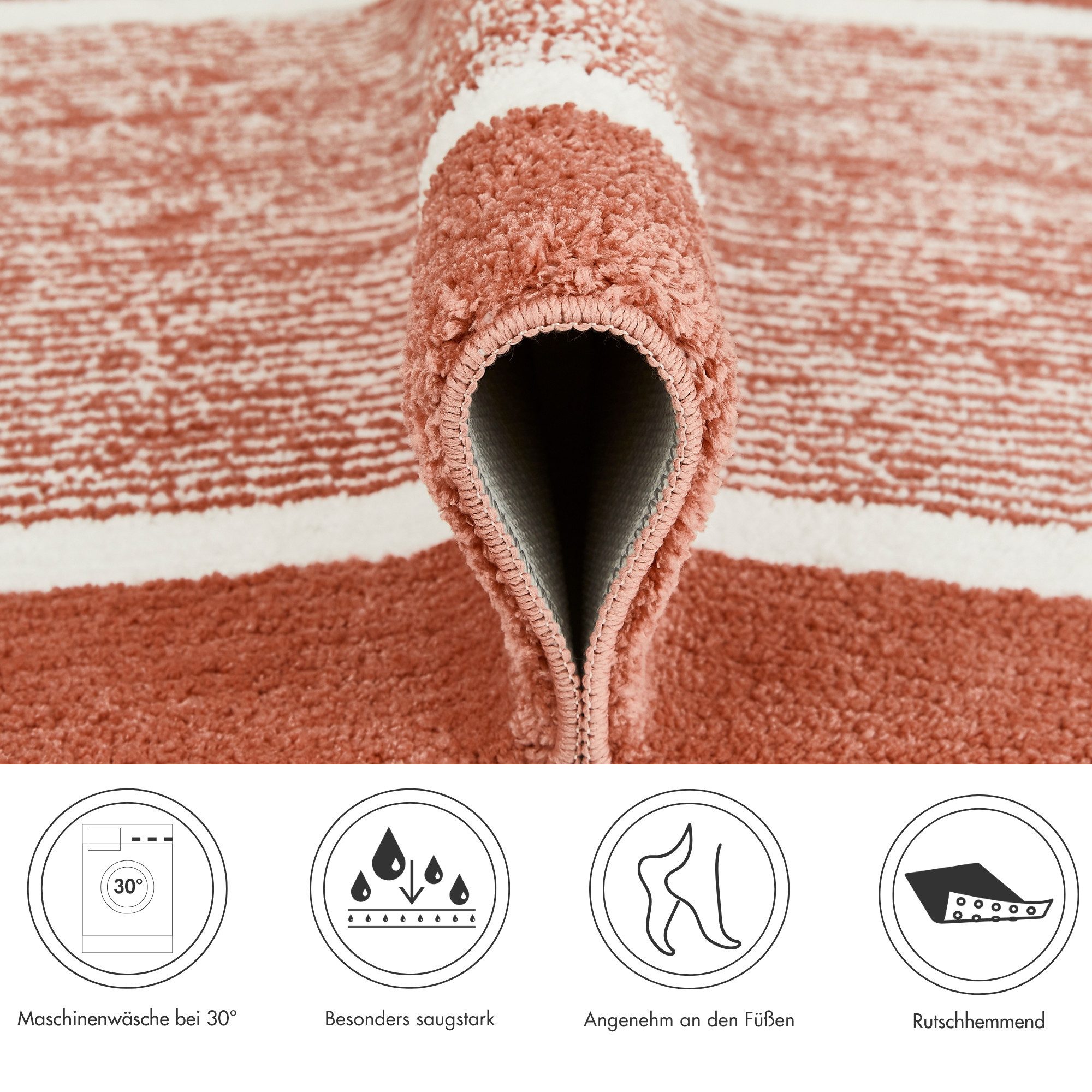 Andiamo Badematte Maui, Höhe 15 mm, rutschhemmend beschichtet, fußbodenheizungsgeeignet, Polyester, rechteckig, 2er-Set 40x60 cm / 60x100 cm, gestreift, mit Bordüre, auch als 2er Set erhältlich