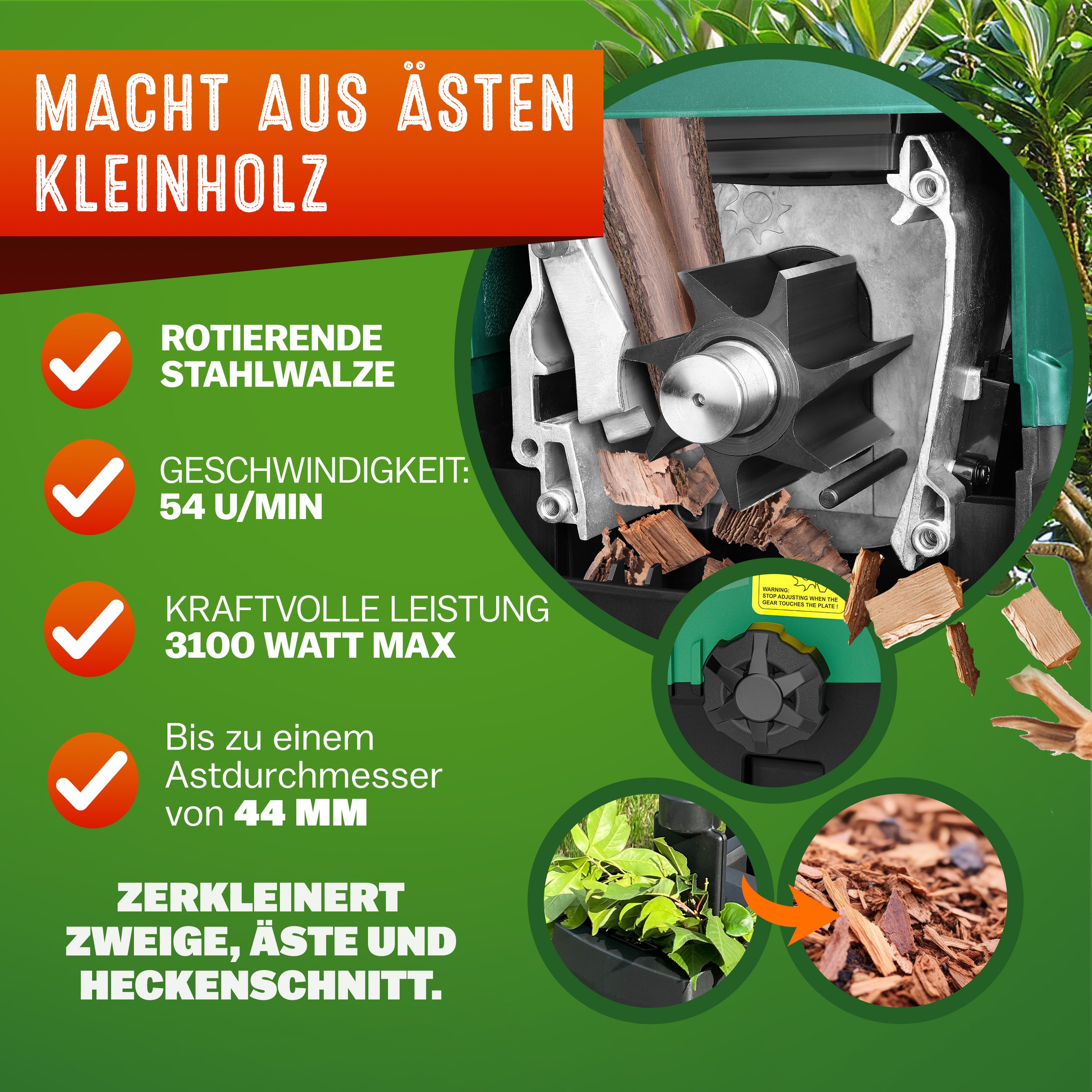 Gardebruk Häcksler, Elektrischer Leisehäcksler 3100 W max. 44 mm Aststärke 2x 60 L Beutel
