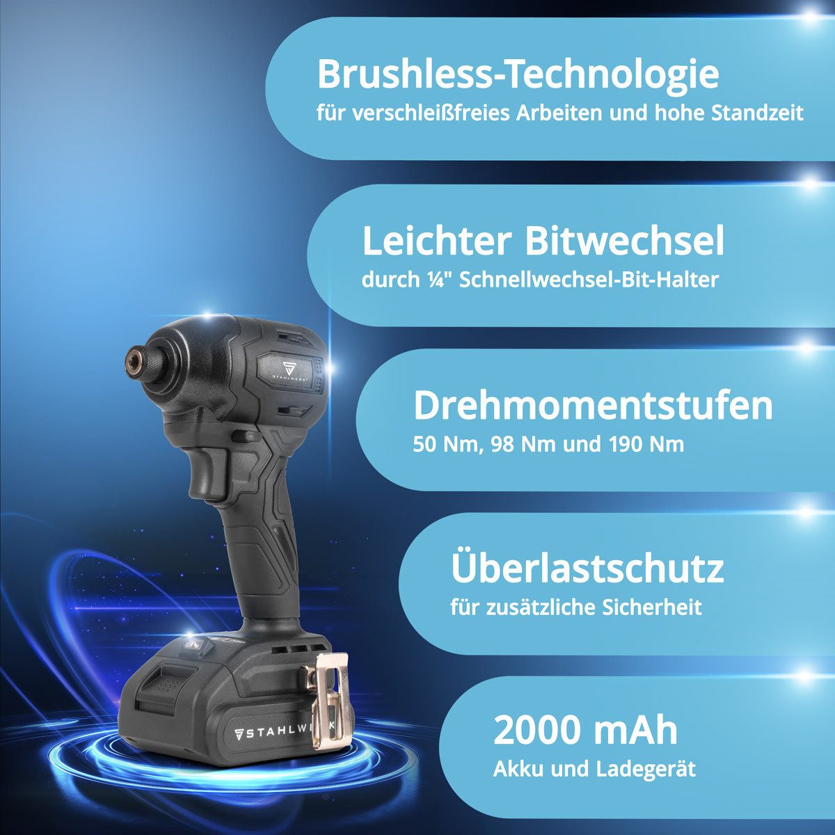 STAHLWERK Akku-Schlagschrauber 20 V Akku Drehschlagschrauber 190 Nm 3200 U/min Brushless-Technologie