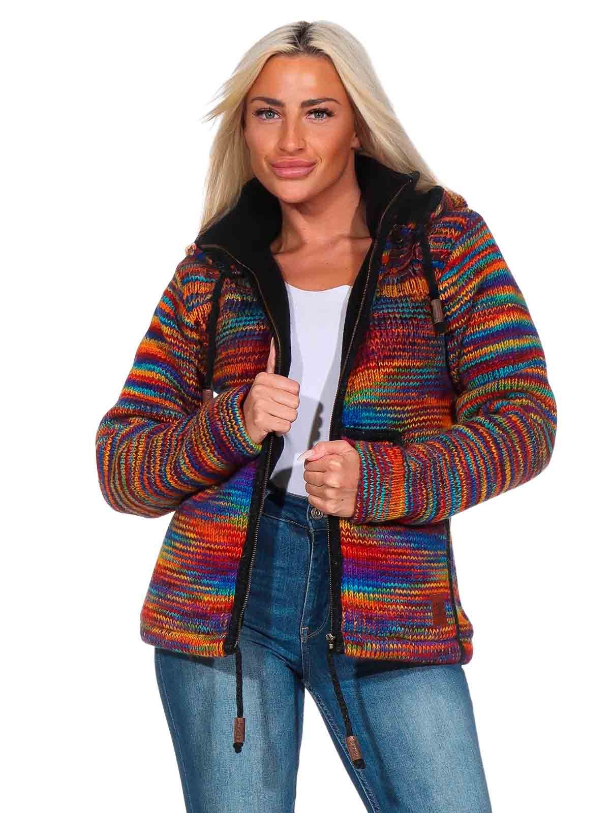 Kapuzenstrickjacke Strickjacke Wolle Bunte Regenbogenjacke Fleecefutter abnehmbare Kapuze