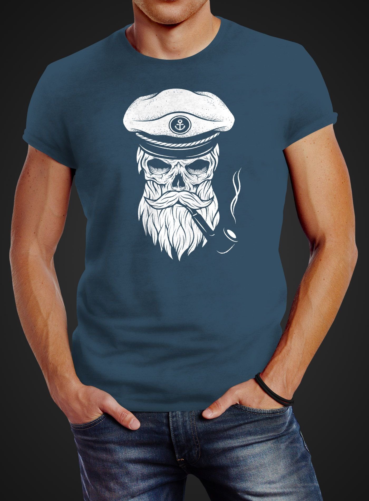 Neverless® Print Fit Captain Print-Shirt Skull Herren mit Kapitän Neverless Totenkopf Slim blau T-Shirt Hipster