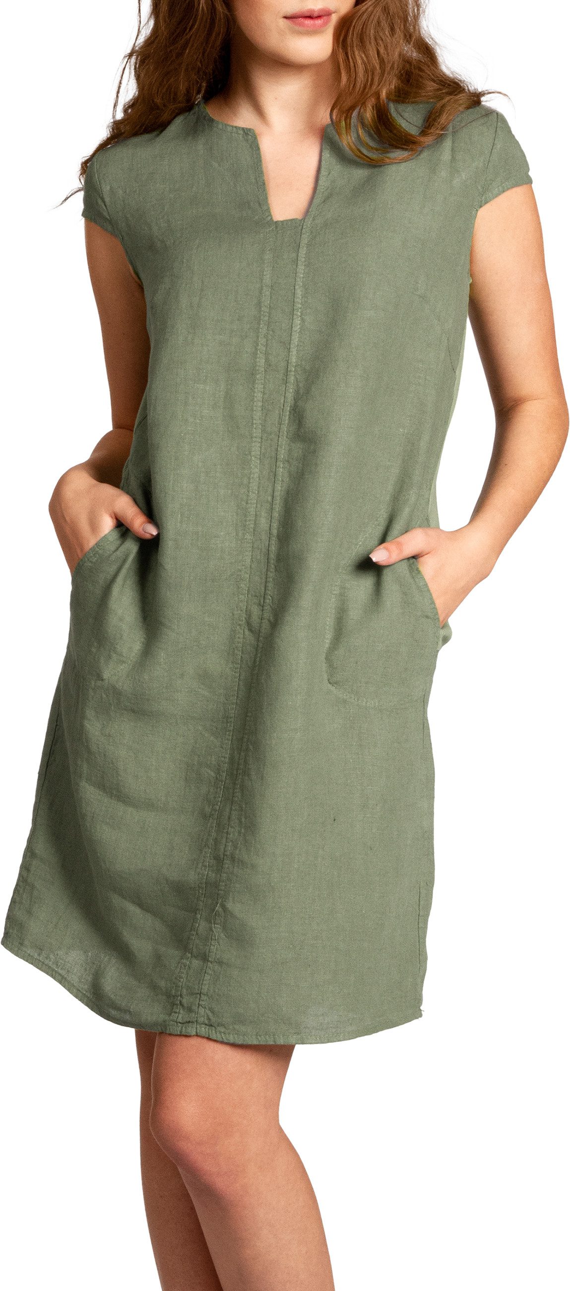 Caspar Sommerkleid Caspar SKL036 Damen Sommer Leinenkleid mit ausgefallenem Ausschnitt Luftig leicht, figurumspielende Form, mit seitlichem Jersey-Einsatz