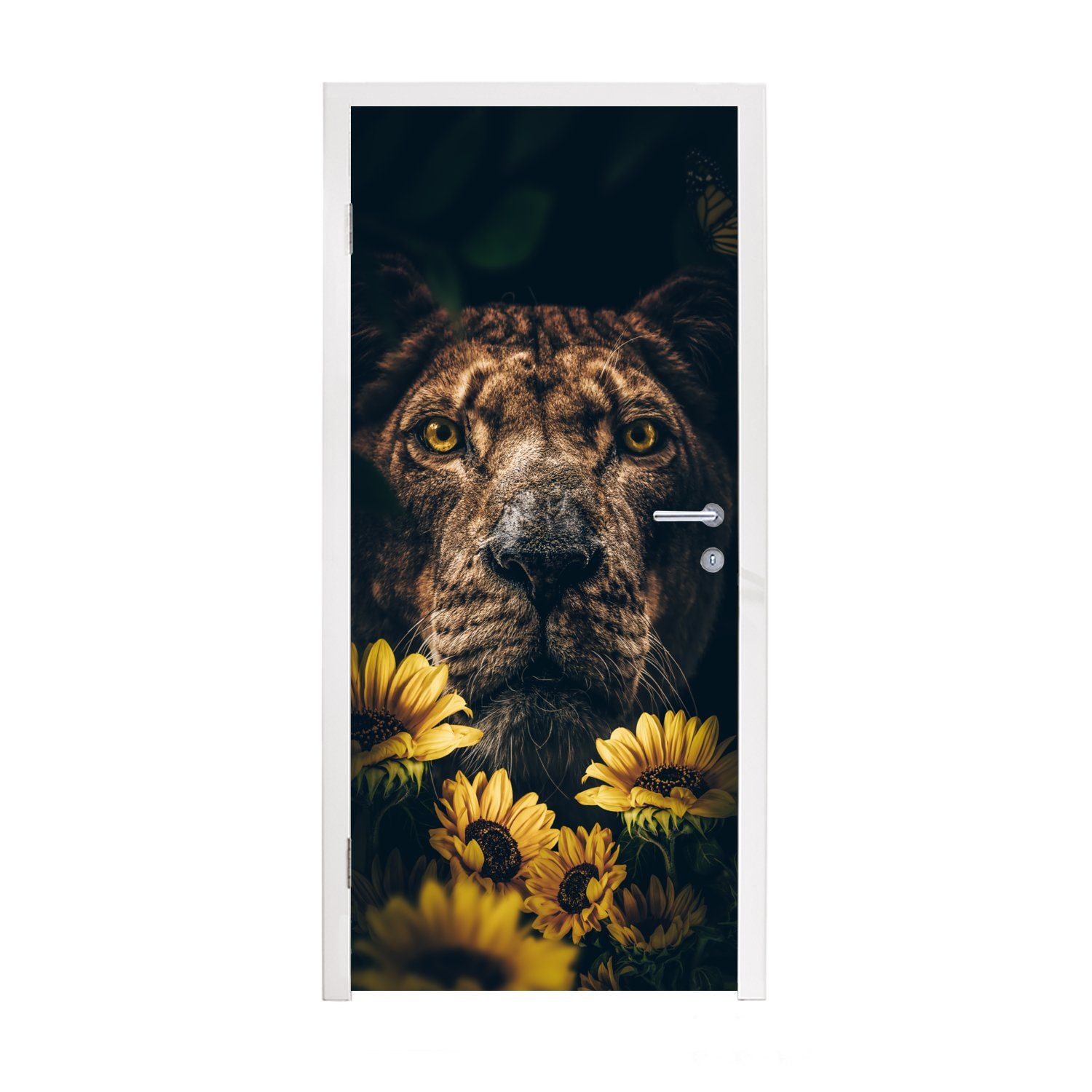 MuchoWow Türtapete Löwe - Blumen - Tiere - Botanisch, Matt, bedruckt, (1 St), Fototapete für Tür, Türaufkleber, 75x205 cm