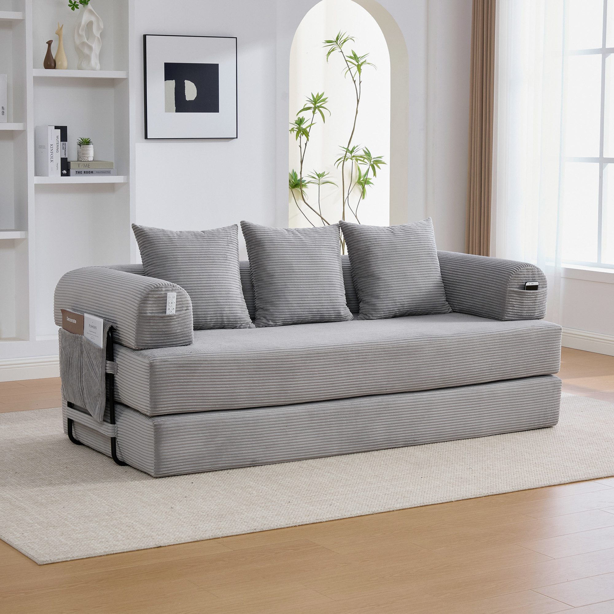HAUSS SPOLE Loungesessel mit Kissen,Relaxsofa Frei Kombinierbar mit Seitentaschen in Hellgrau (Relaxsofa mit einem stabilen Metallgestell, Kombination aus Stoff, Metall und Kissen), für kleine Räume, Apartments oder Studentenwohnungen