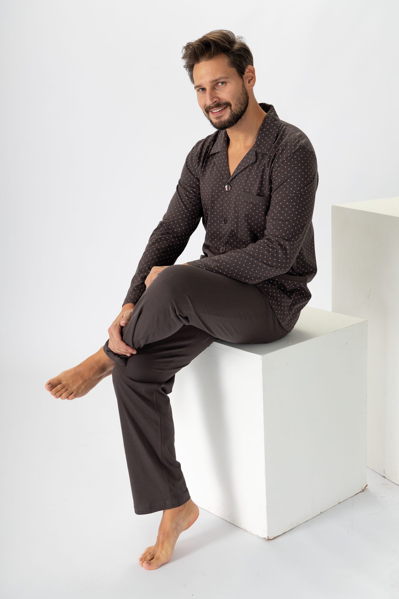 HOTBERG Pyjama Langarm Herren Schlafanzug-Set (2 tlg) durchgehend geknöpft, 100% Baumwolle