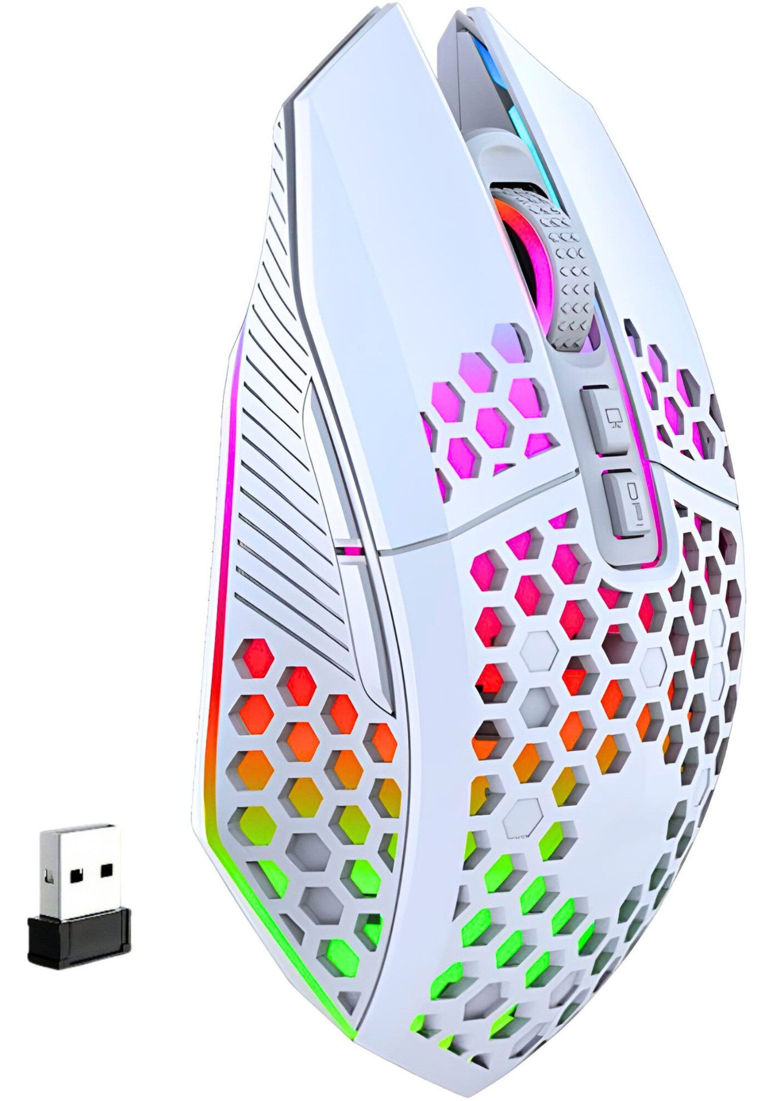 S&T Design RGB Gaming Maus Kabellos Wireless Leise Weiß Schwarz USB Gaming-Maus (Funk, 7 Tasten / Zurück zum Desktop / DPI Einstellbar / PC Laptop)