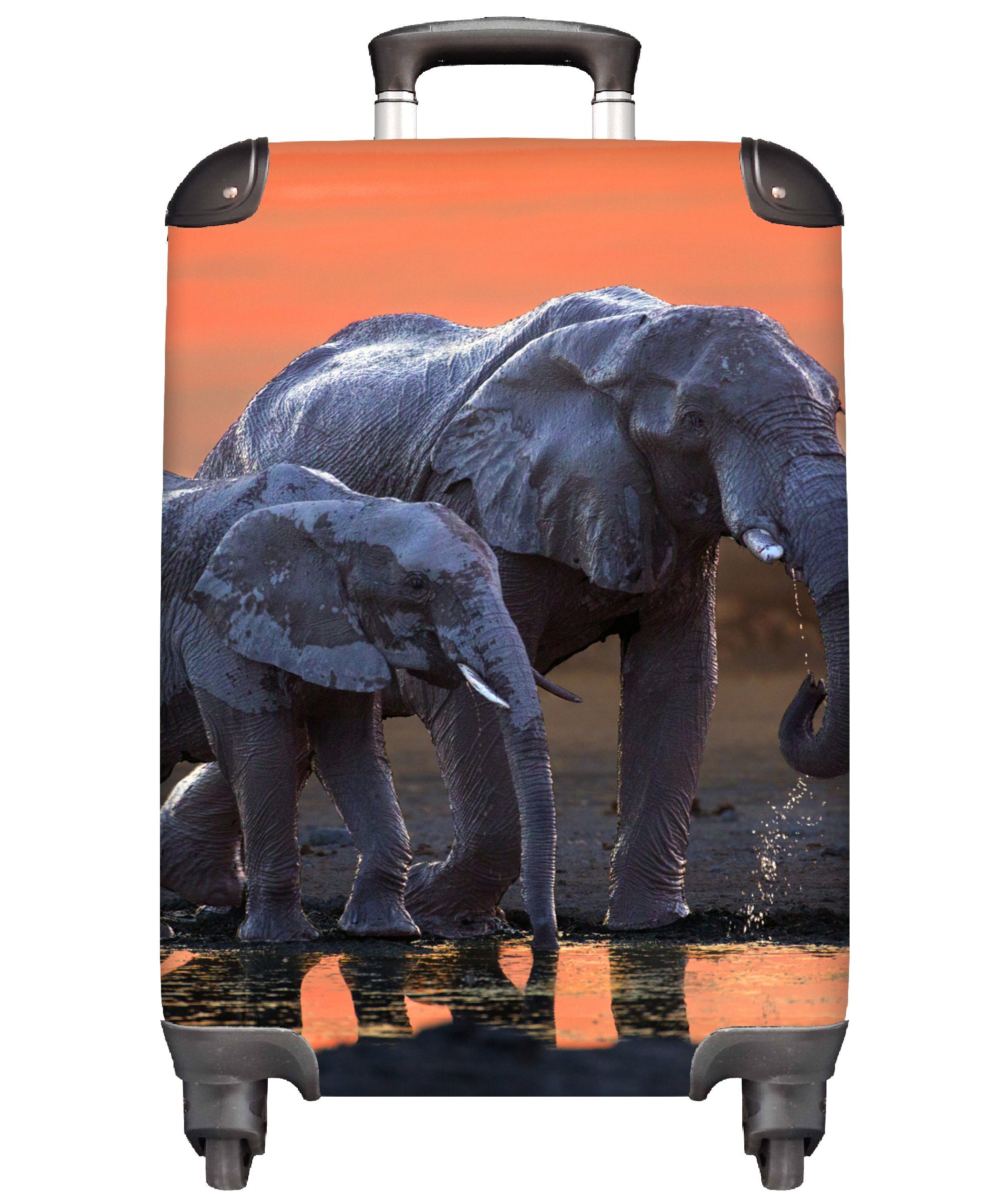 MuchoWow Handgepäckkoffer Elefant - Tiere - Sonnenuntergang - Wasser - Orange, 4 Rollen, Reisetasche mit rollen, Handgepäck für Ferien, Trolley, Reisekoffer