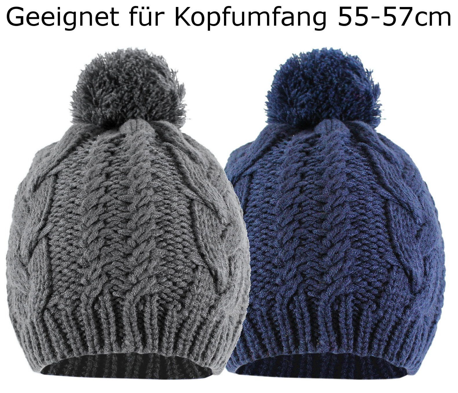 (2er 2 im Bommel 2er A302-GrauBlau Farben) Unisex mit Zopfmuster Strickmütze Mütze Strickmütze Bommel dy_mode Set - Set