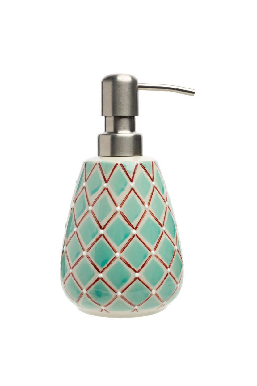 Tranquillo Seifenspender aus Steinzeug DOUCEUR FLORALE oder RETRO FLAIR 300ml handgestempelt, (Einzelartikel (kein Set), Kein Set, es wird ein einzelner Seifenspender geliefert), Dekorativer Pumpspender mit Edelstahlkopf und floralem Muster von Tranquillo