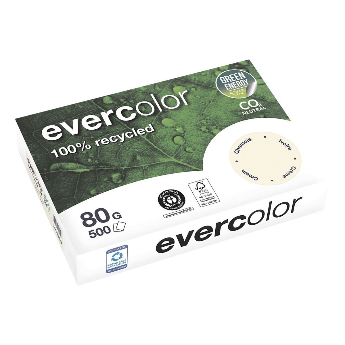 CLAIREFONTAINE Recyclingpapier evercolor, Pastellfarben, Format DIN A4, 80 g/m², 500 Blatt