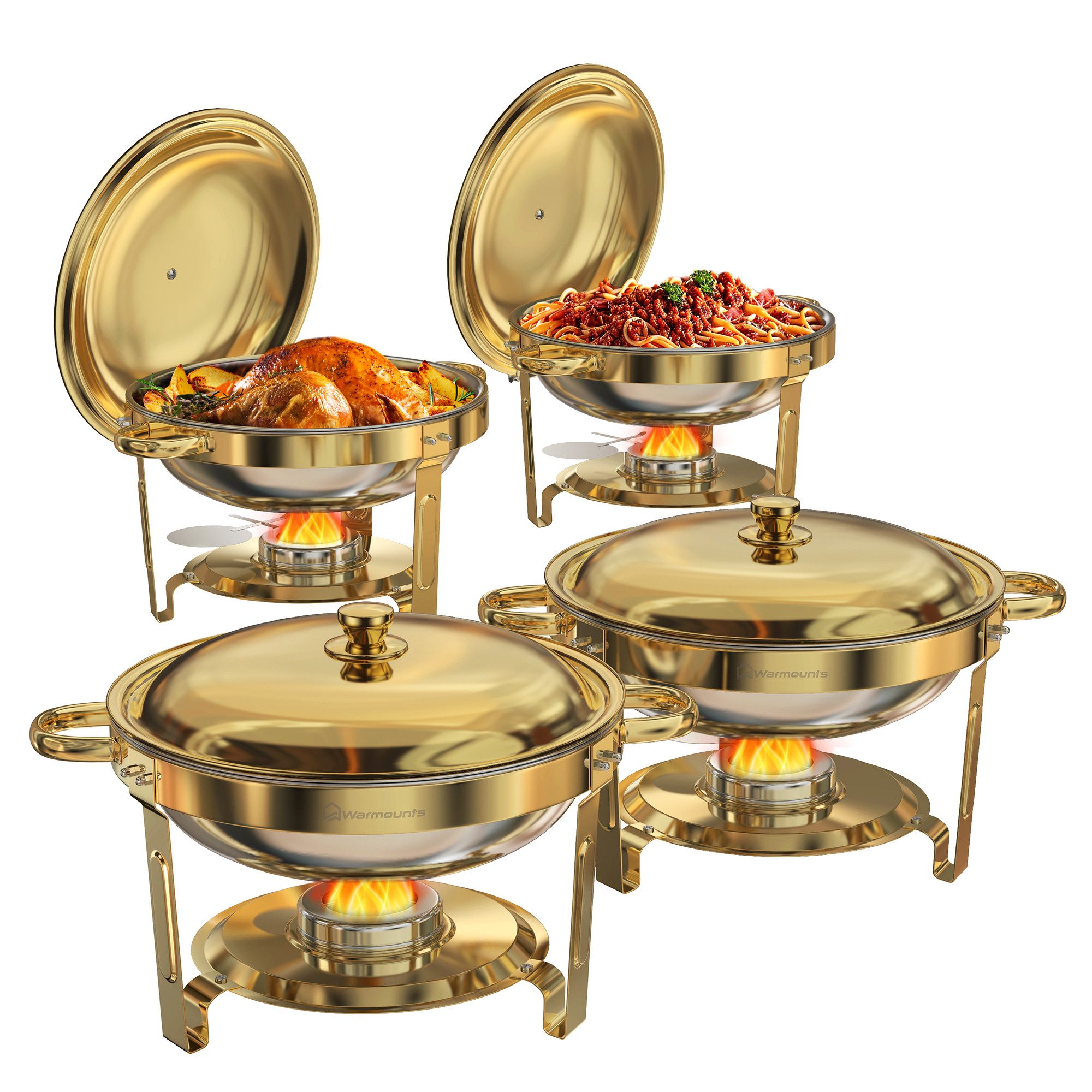 Warmounts Speisenwärmer Luxus Gold Buffetwärmer, (4-tlg), Chafing Dish Speisenwärmer Set, Rund, Edelstahl, Buffet Warmhalter-Set