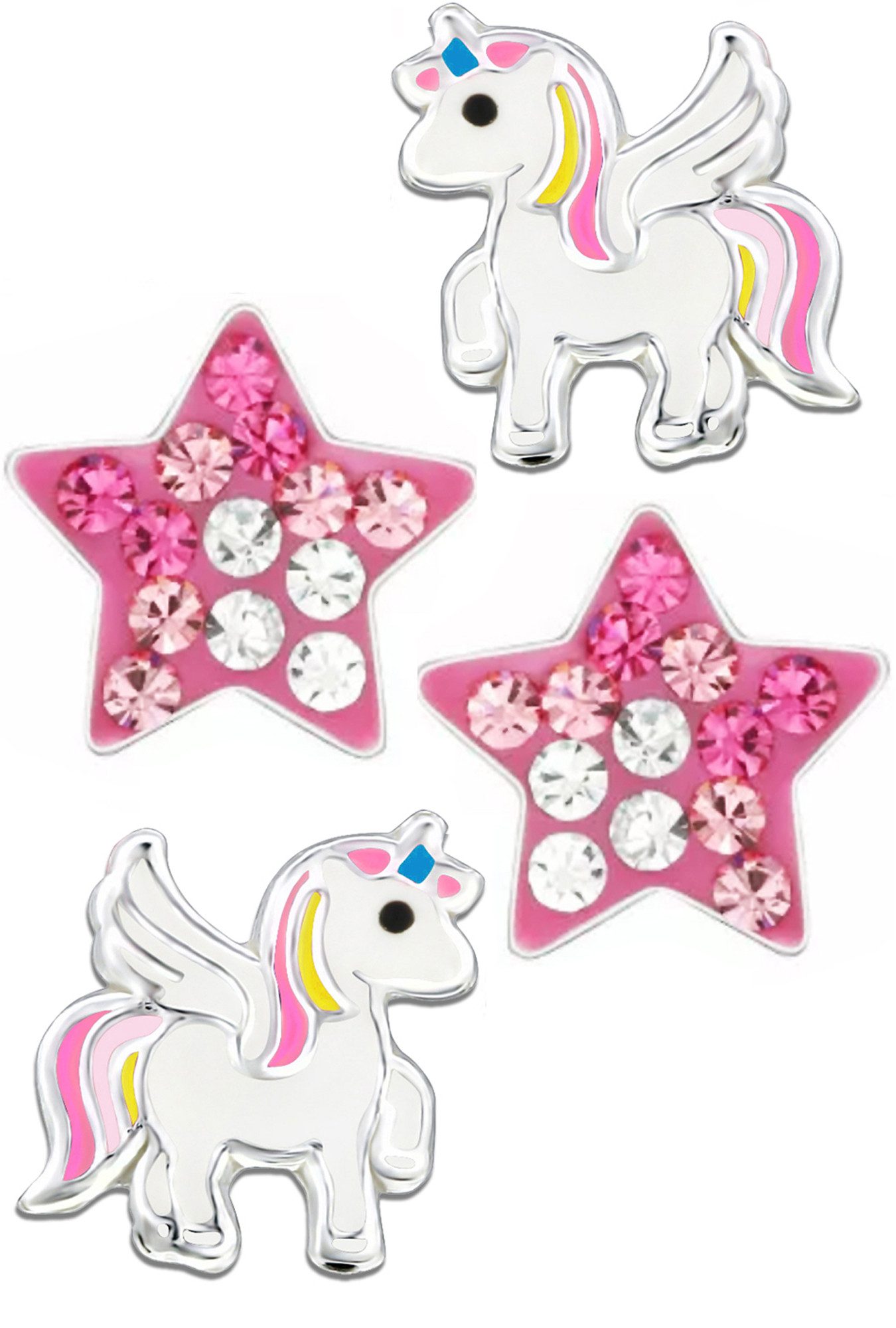 Limana Ohrstecker-Set Ohrringe echt 925 Silber Pferde Sterne Einhorn Kinderschmuck, Zirkonia Kristalle