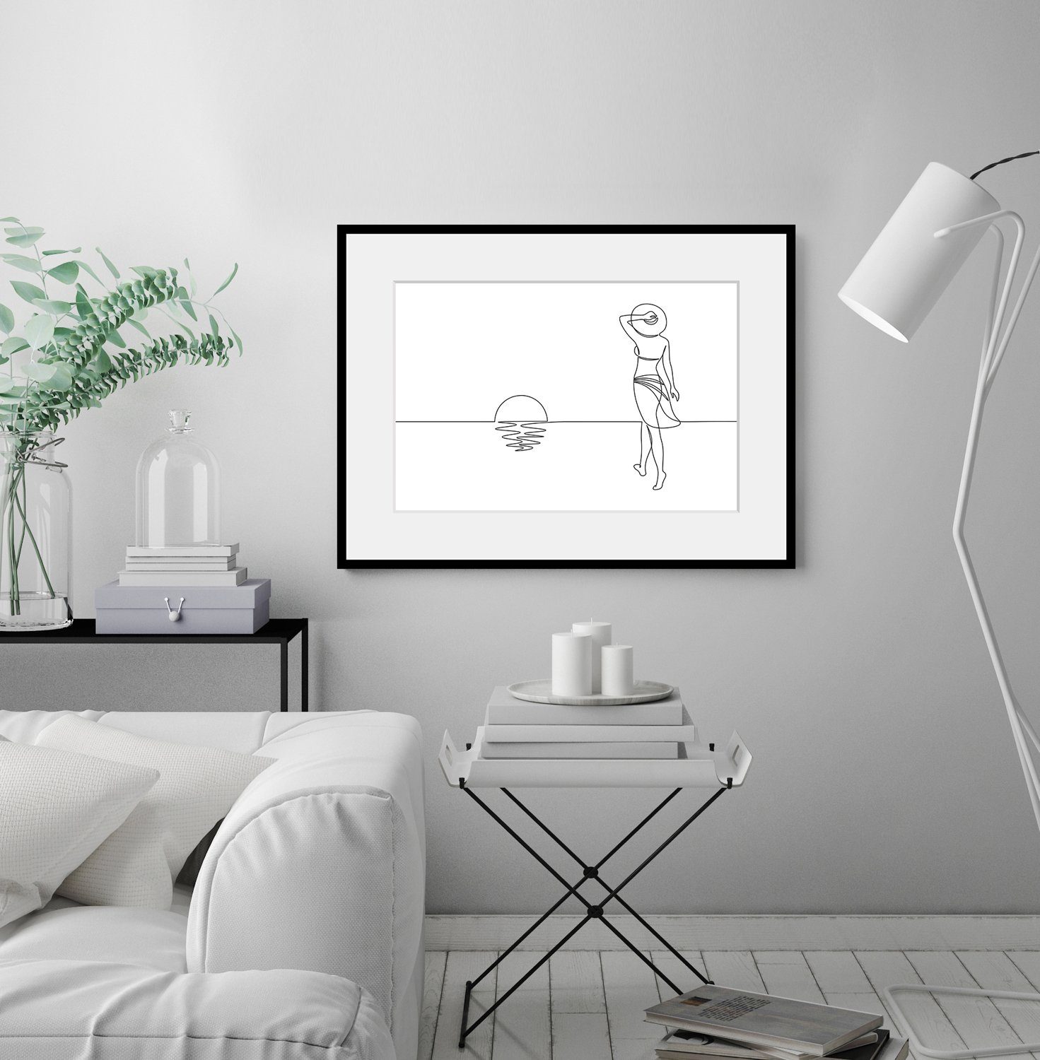 queence Bild Walking On Sunshine, Frau, Kunst, Meer, Modern, Schwarz-Weiß, Sonnenaufgang & -untergang, Frau, gerahmt, Sonnenuntergang