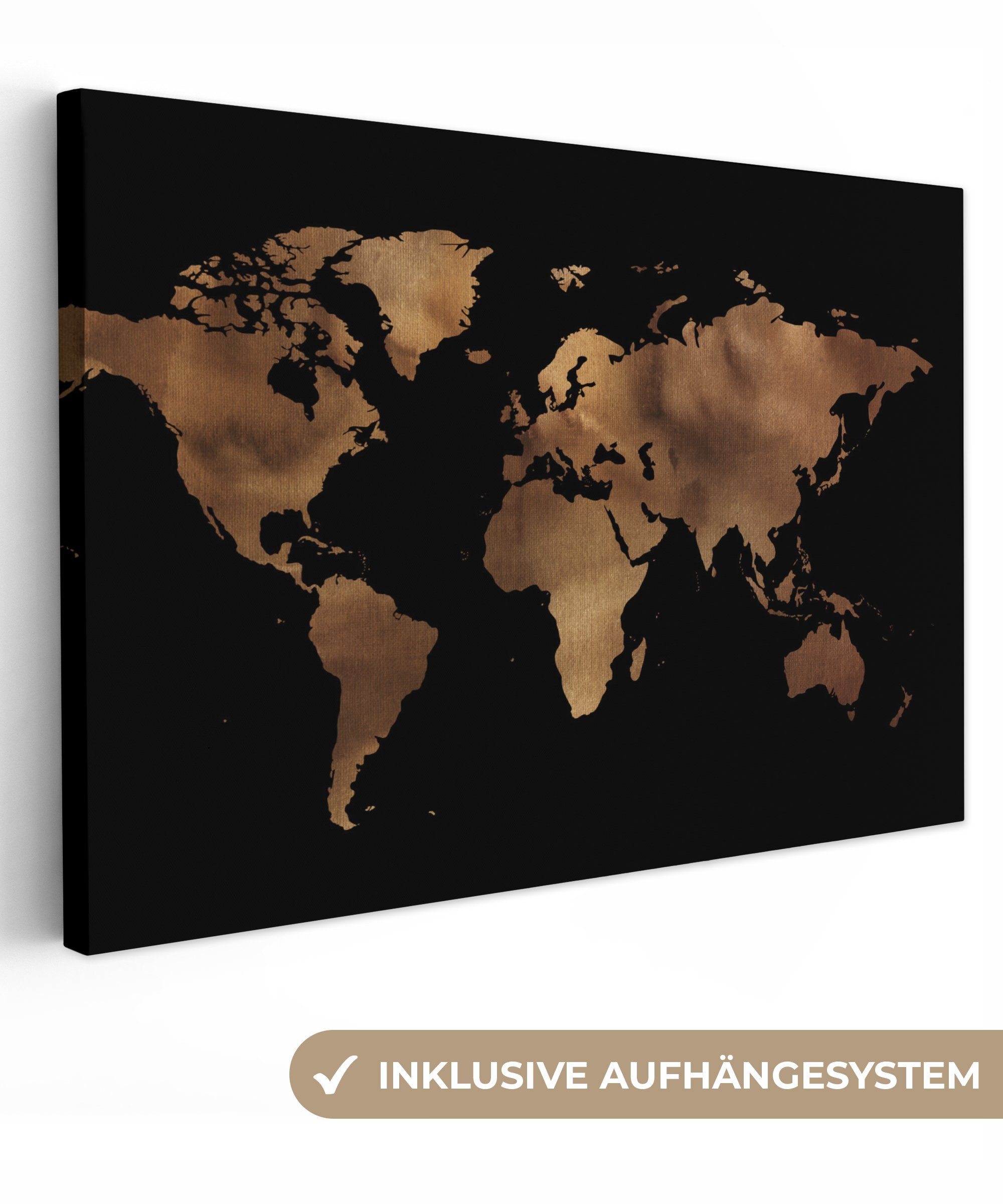 Leinwandbild Weltkarte - Schwarz - Bronze