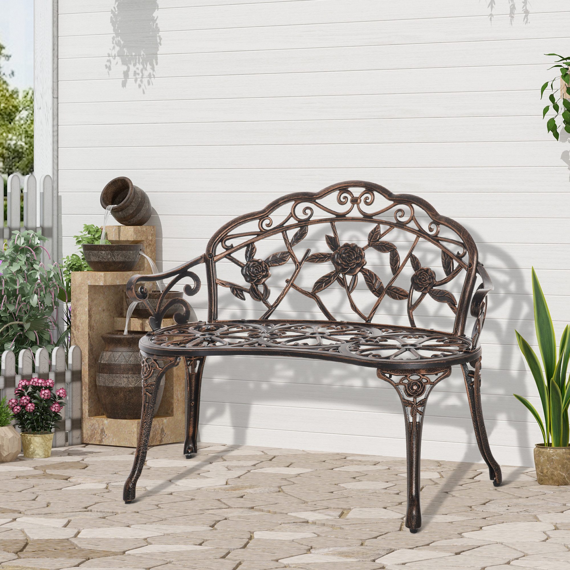 Outsunny Gartenbank mit Blumenmuster (Balkonbank, 1-St., Sitzbank im Retro Stil), für Balkon Terrasse, Garten, 100 x 54 x 78 cm, Bronze