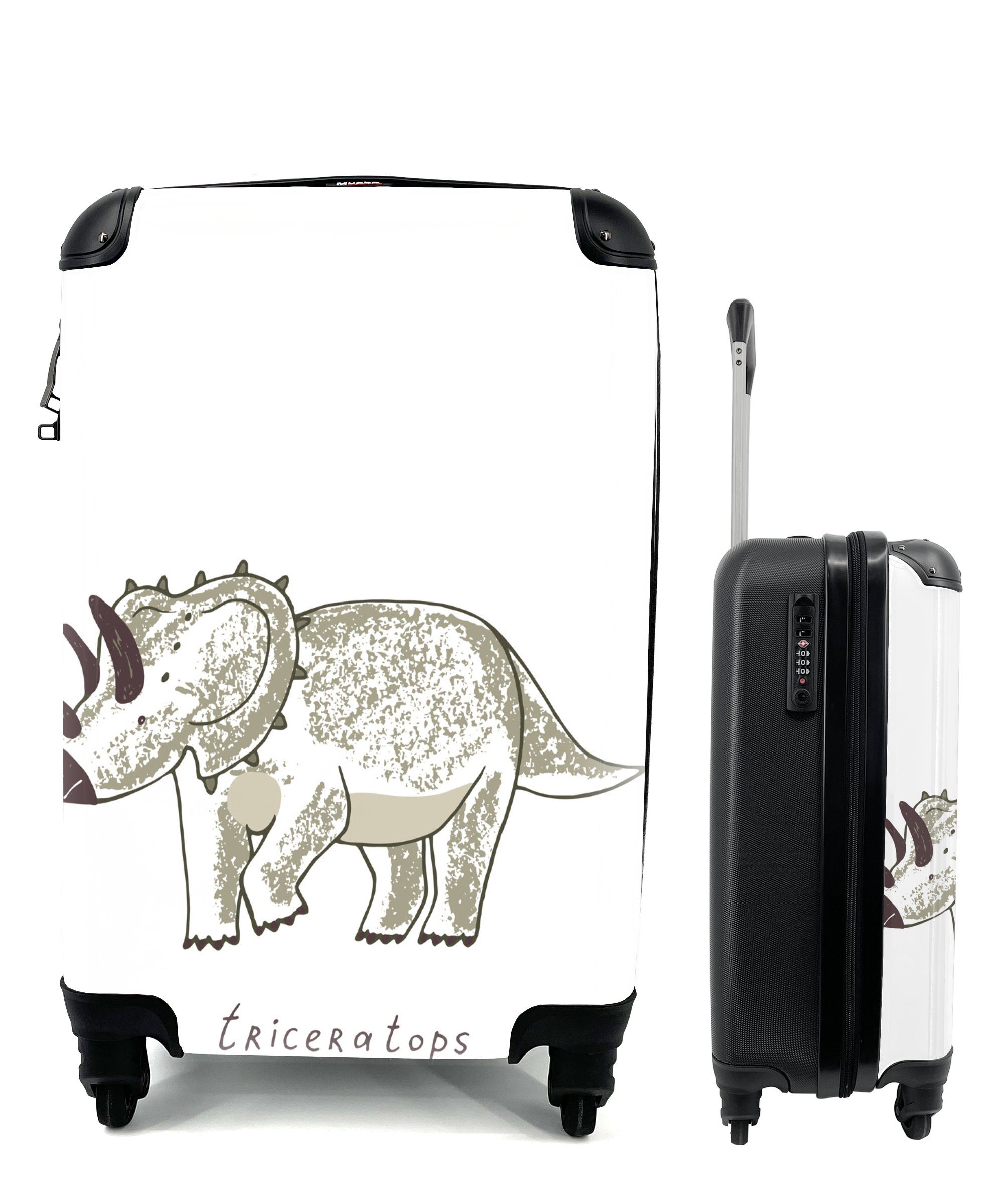 Triceratops Kinderzimmer Rollen, - 4 Handgepäck Junge Handgepäckkoffer Reisekoffer Dinosaurier Kind, Trolley, - - Mädchen Ferien, für mit - - MuchoWow rollen, Reisetasche