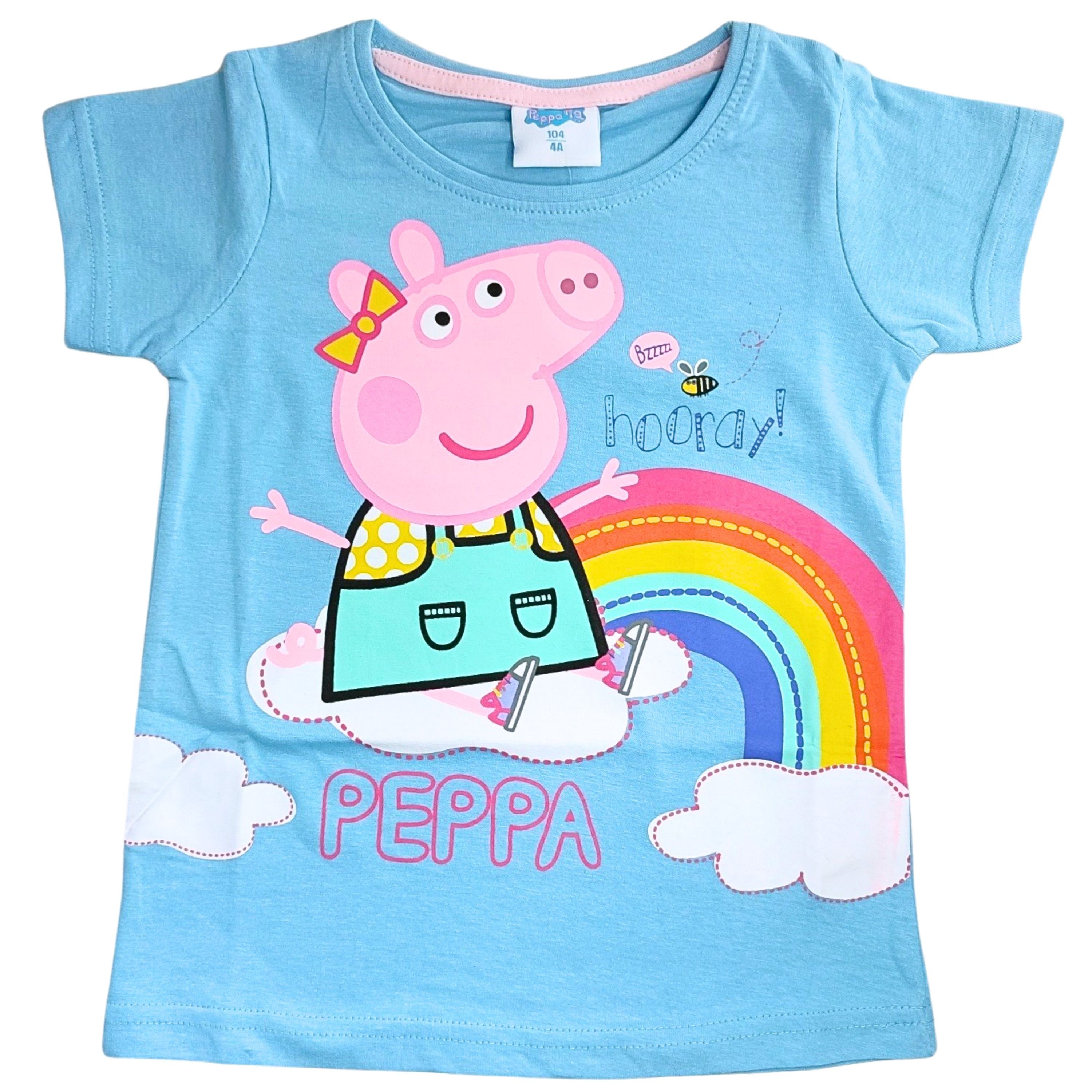 116 Hellblau cm Gr. Regenbogen 92 Pig T-Shirt Wutz Baumwolle Peppa - Peppa aus Kurzarmshirt