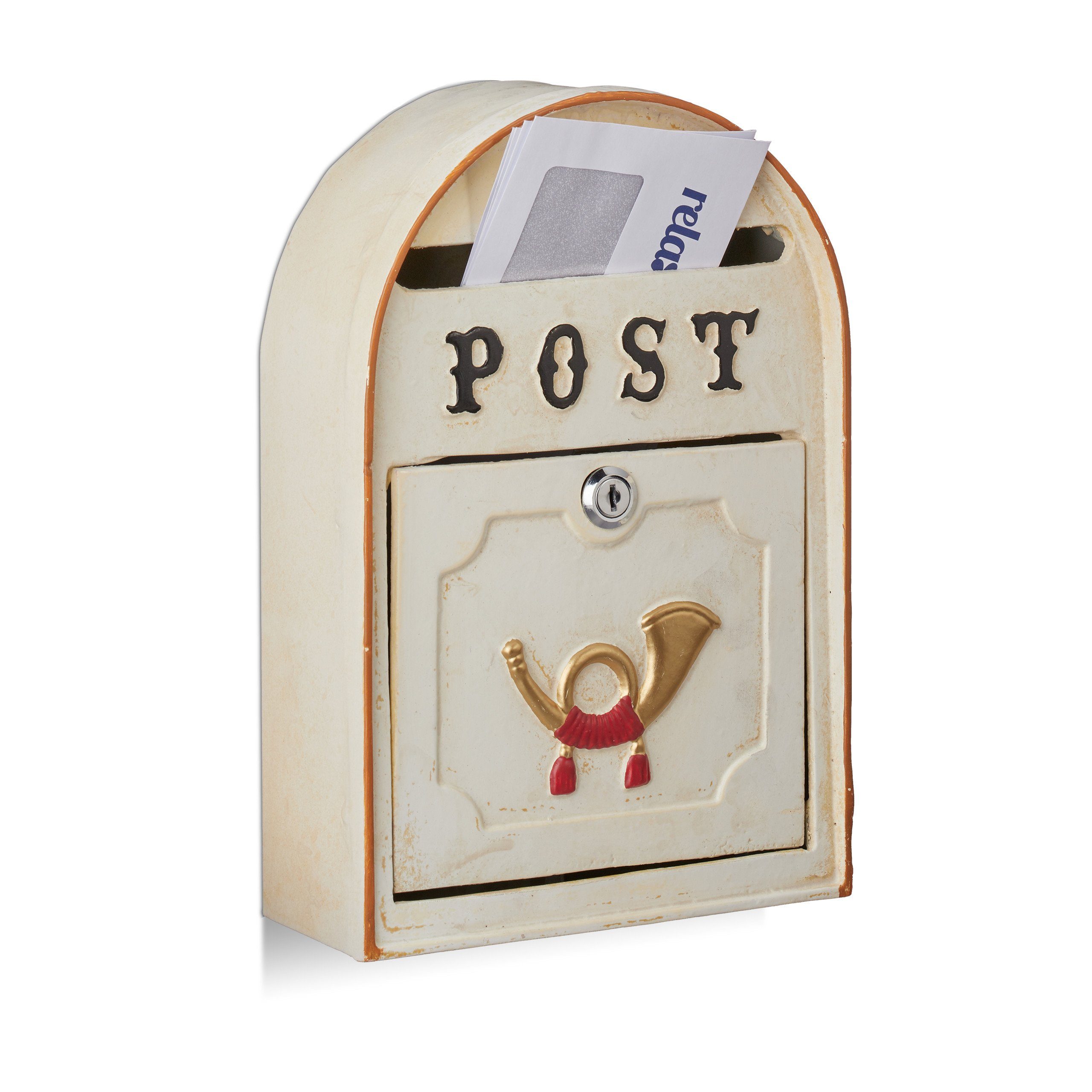 relaxdays Briefkasten Briefkasten antik mit Posthorn